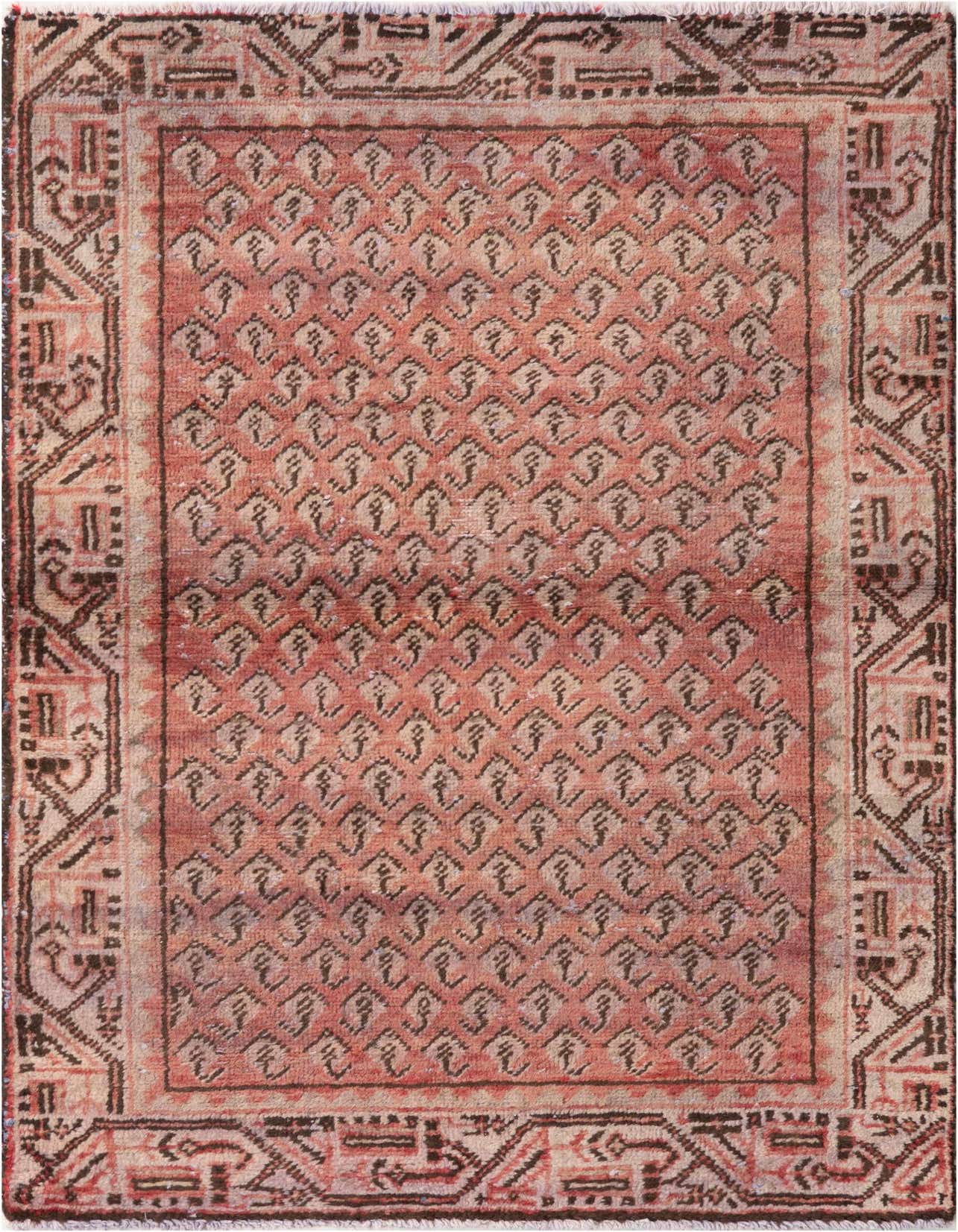 A 3x5 rectangular Ultra Vintage rug featuring a distressed red field with a repeating geometric pattern and a detailed border.
