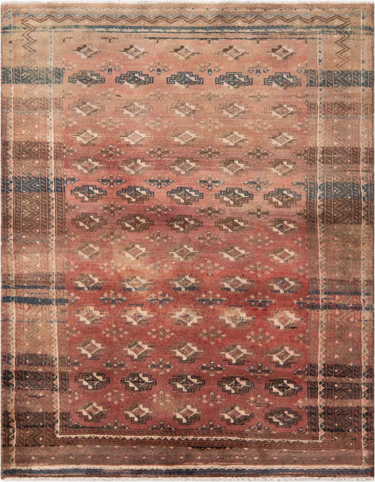 A 4x6 rectangular Ultra Vintage wool rug featuring a distressed red field with intricate Persian-style geometric patterns in blue, brown, and cream.