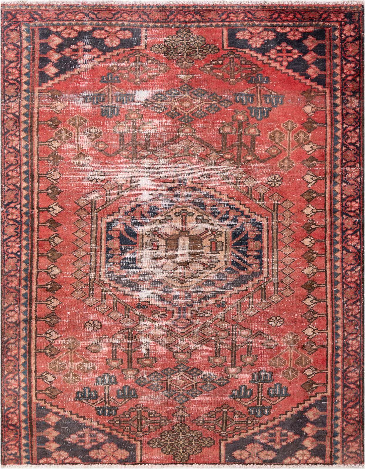 A 4x6 rectangular Ultra Vintage Persian rug with a faded red field, navy border, and central medallion.