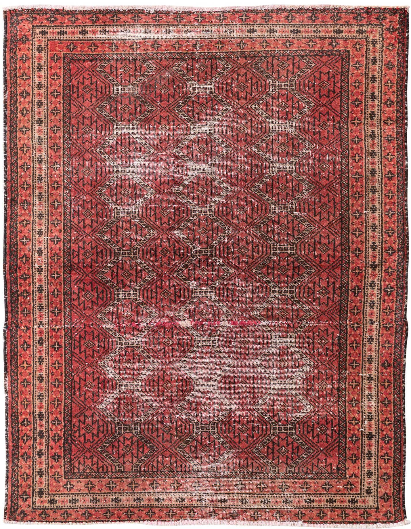 A 4x6 rectangular red Persian rug with a faded, distressed geometric pattern and a decorative border, suitable for a living room or entryway.