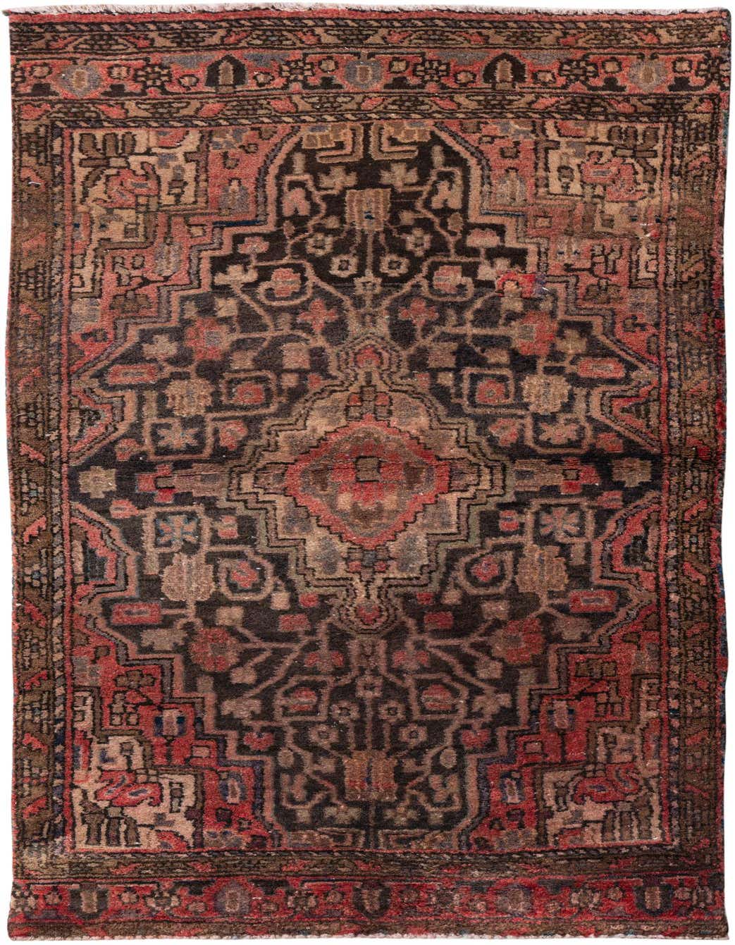 A 3x5 rectangular Ultra Vintage Persian rug with a central medallion in deep reds, browns, and black.