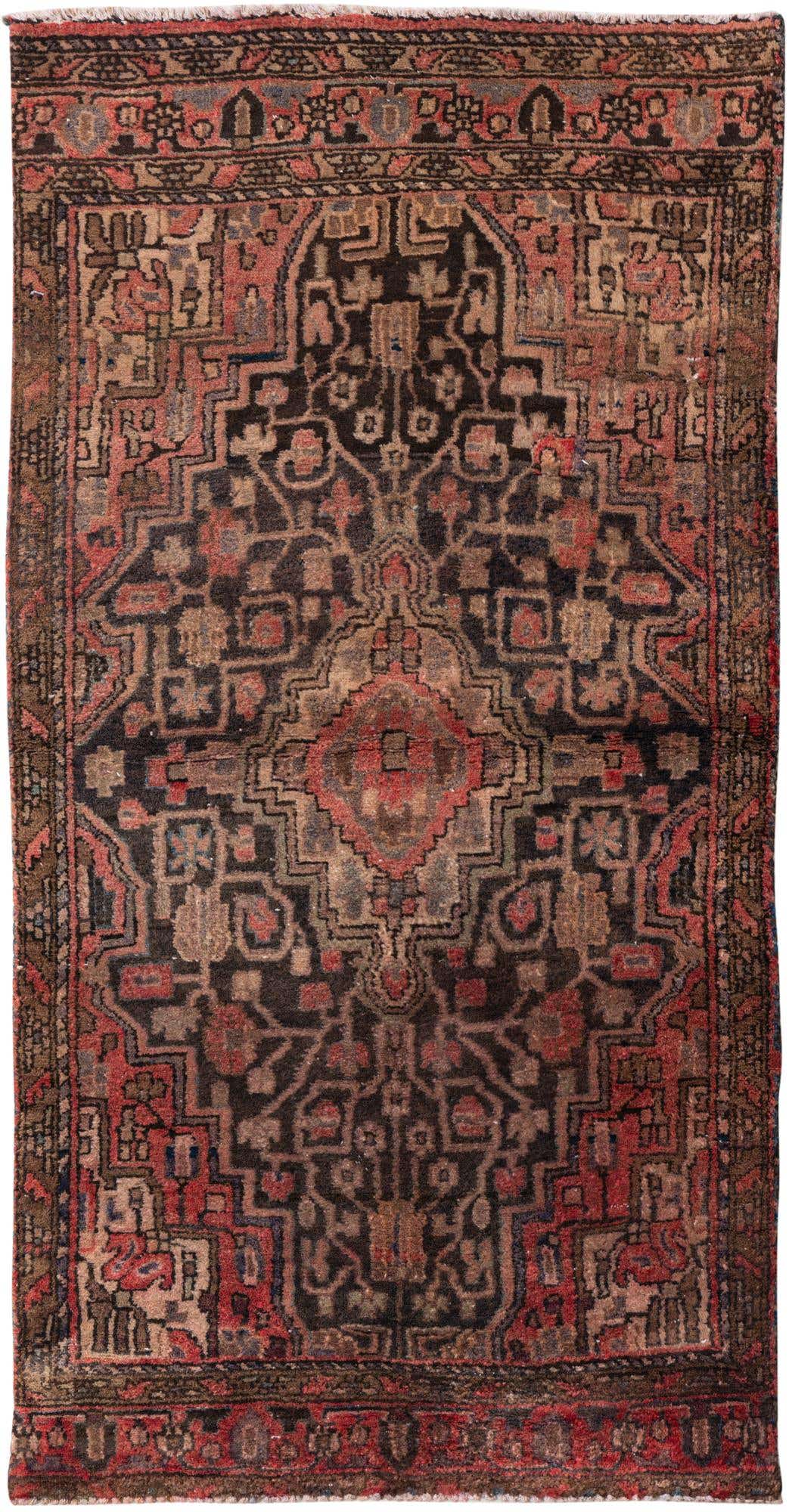 A 3x5 rectangular Ultra Vintage Persian rug with a central medallion in deep reds, browns, and black.