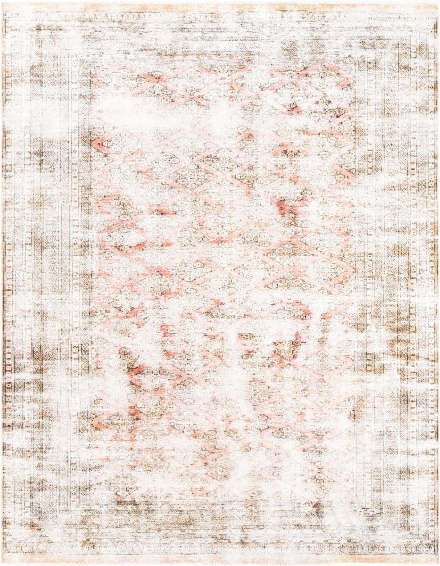 A 7x10 rectangular Ultra Vintage rug, featuring a distressed red Persian pattern over a light, faded background.