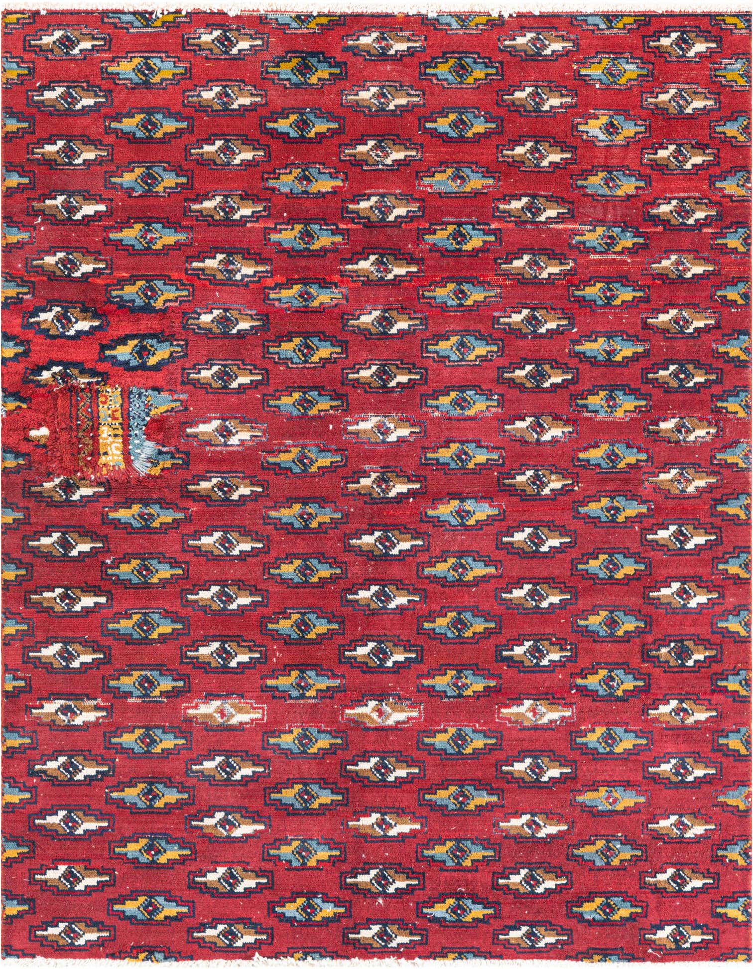 A 4x6 rectangular red Persian rug with a repeating pattern of stylized blue, yellow, and brown motifs.