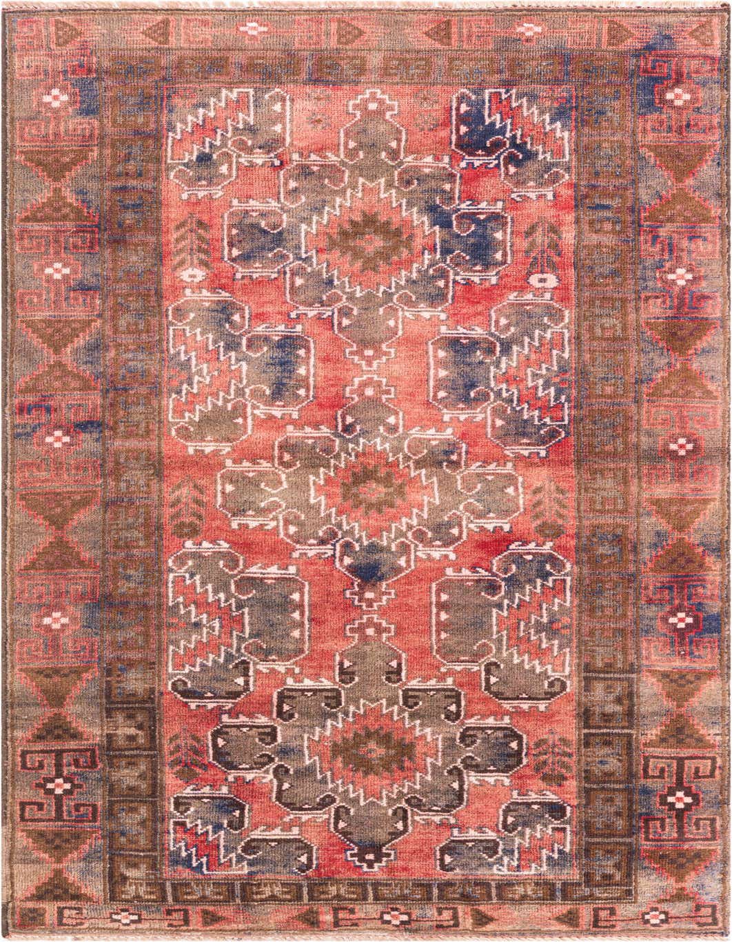 A 4x6 rectangular red Persian rug with a vintage, distressed look, featuring intricate blue, brown, and white geometric patterns.