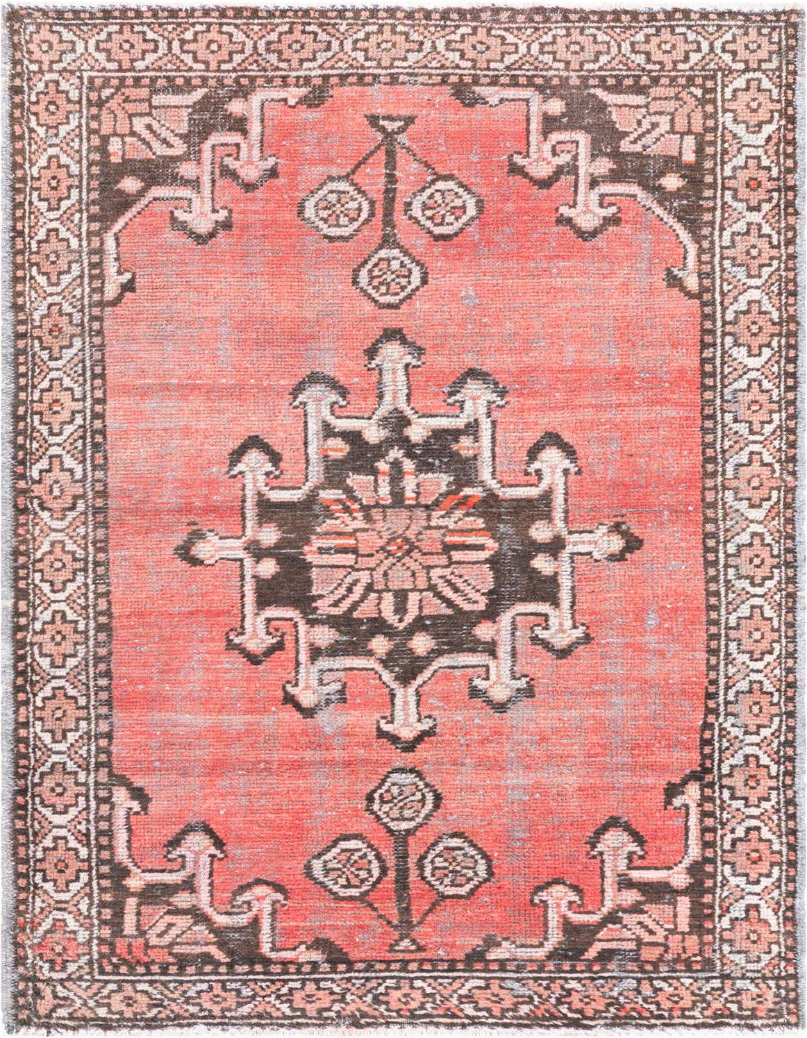 A 4x6 rectangular Ultra Vintage rug featuring a faded red field with a central dark medallion and intricate border pattern.