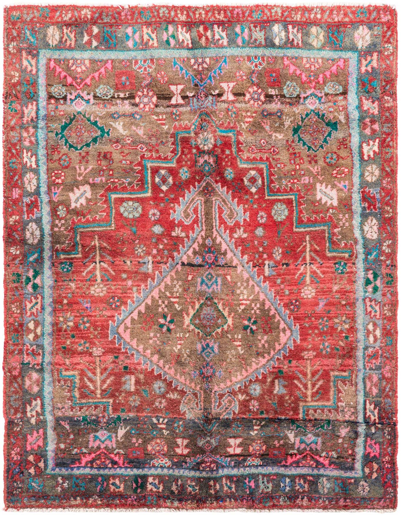 A 4x6 rectangular Ultra Vintage Persian rug with a red and brown medallion pattern and intricate details in pink and blue.