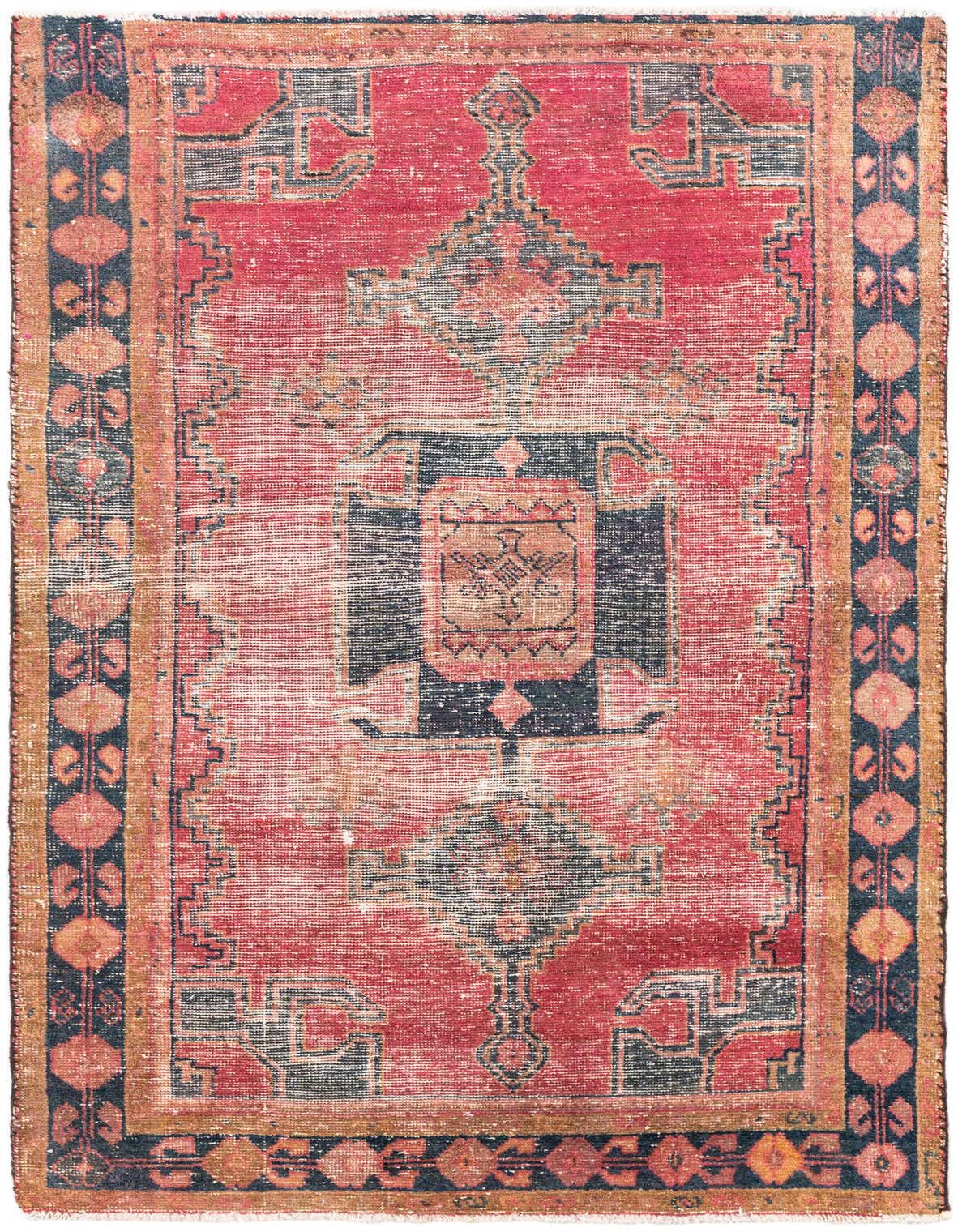A 4x6 rectangular Ultra Vintage rug featuring a distressed red field with a central medallion and ornate Persian patterns in navy and hints of orange.