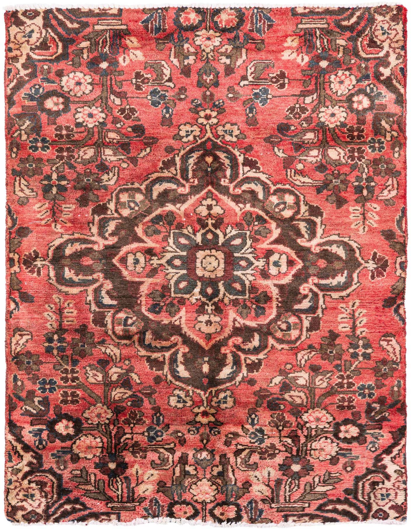 A 3x5 rectangular red Persian rug with a central medallion and intricate floral patterns in dark brown, beige, and blue.