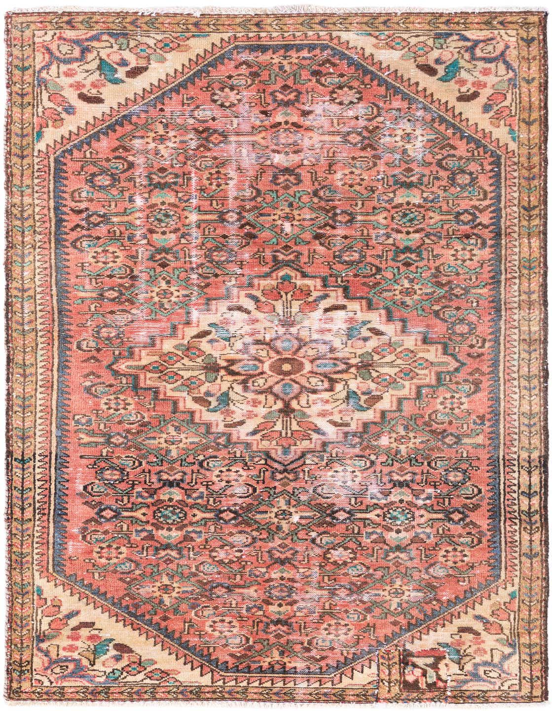 A 4x6 rectangular Ultra Vintage rug featuring a distressed Persian medallion pattern in reds, blues, and creams.