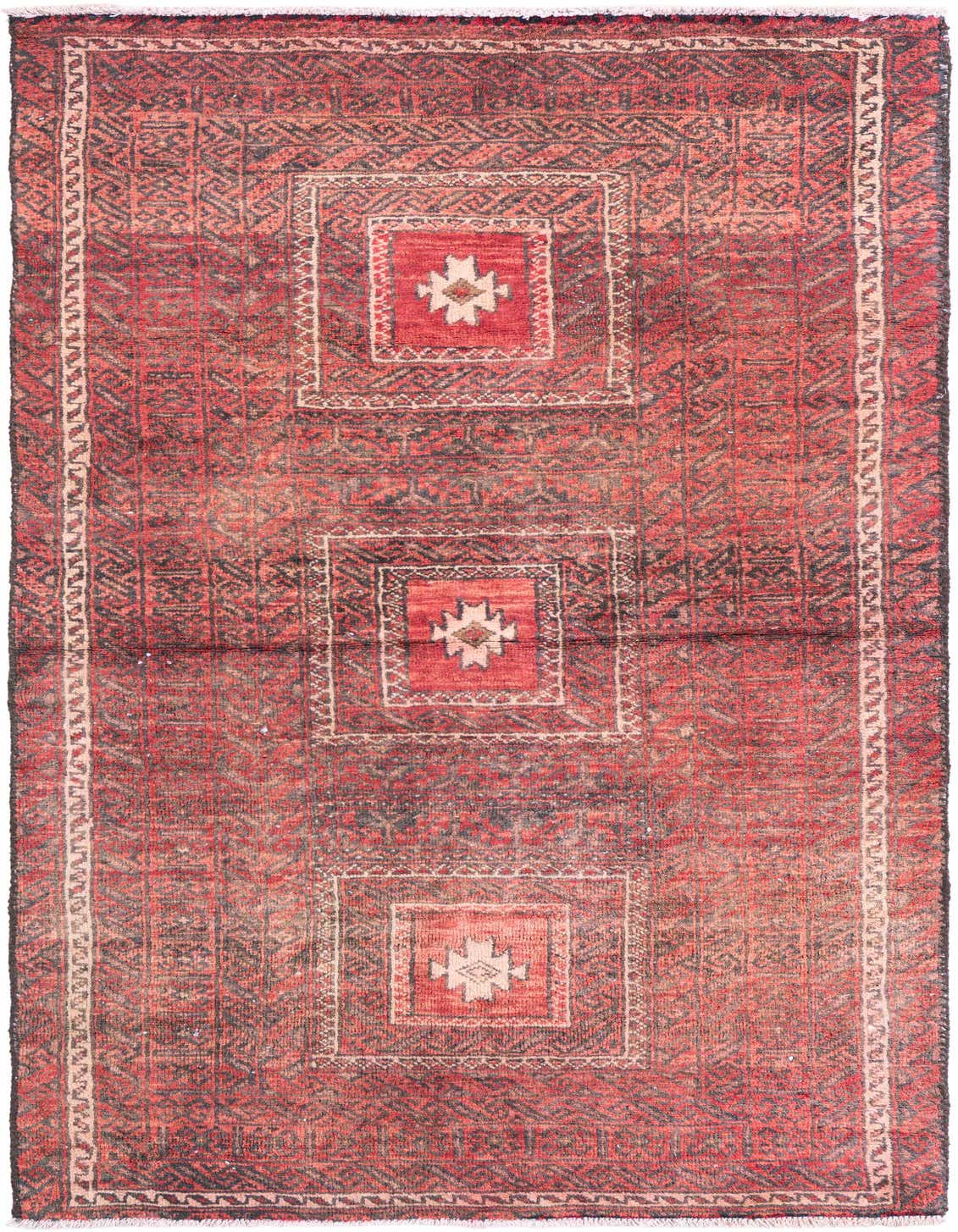A 3x5 rectangular red Persian rug with a vintage, distressed look and three central medallion patterns.