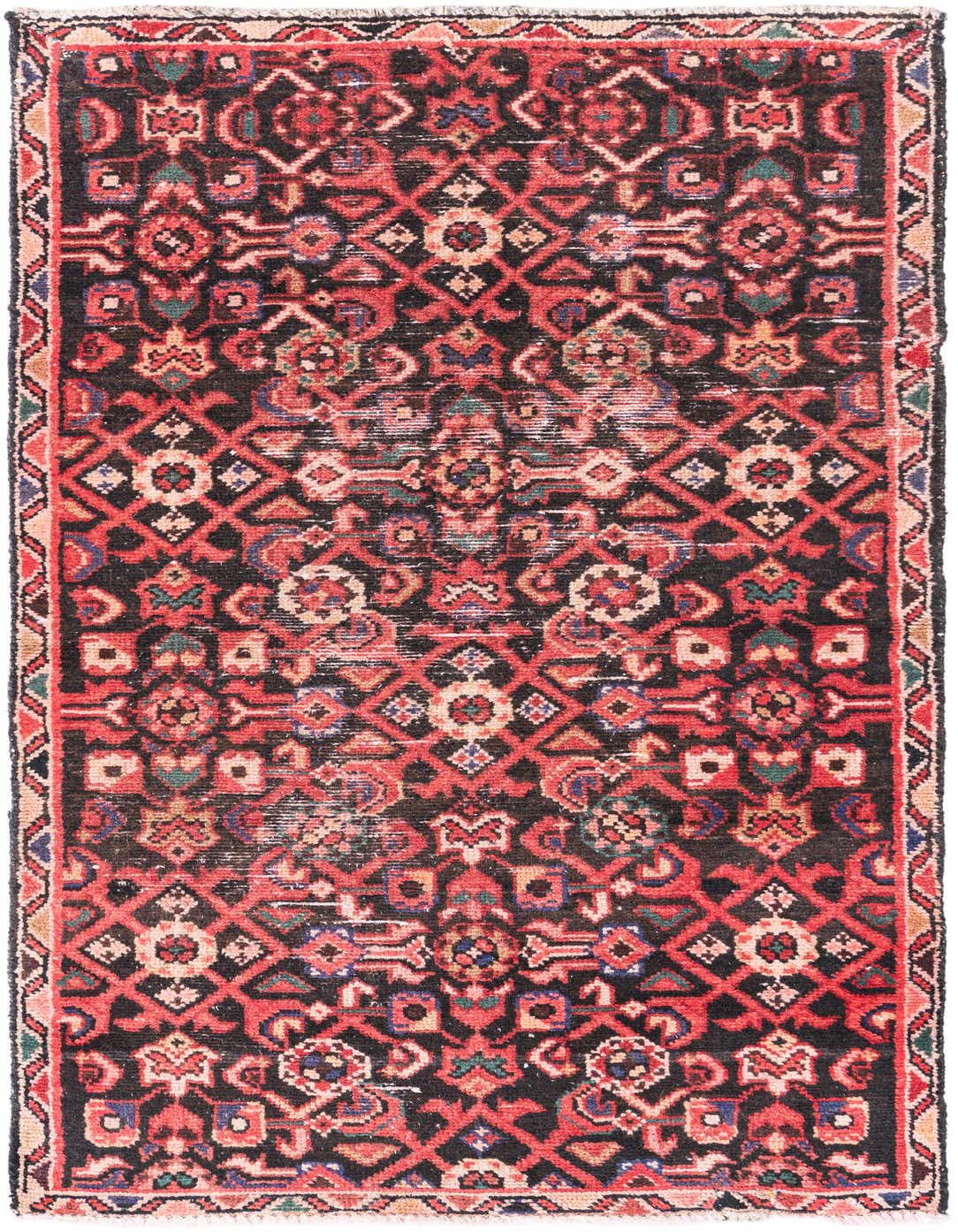 A 3x5 rectangular Ultra Vintage rug featuring a distressed Persian pattern in various shades of red, black, and blue.
