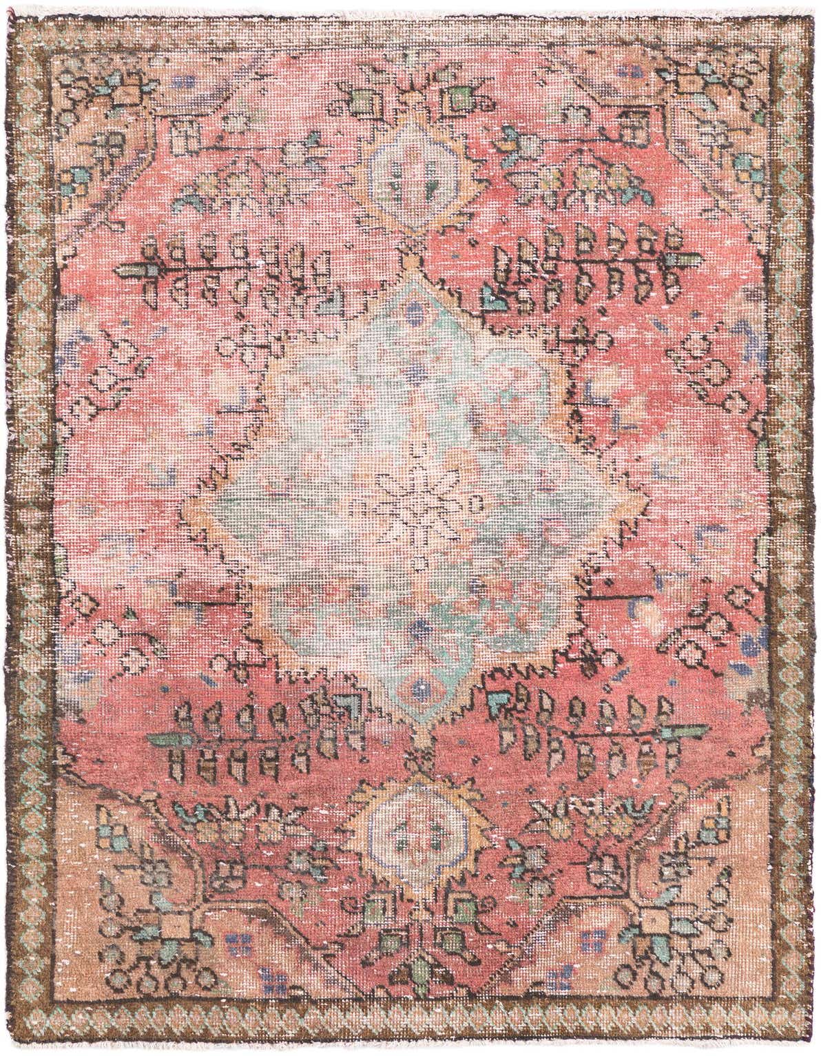 A 3x5 rectangular red Persian rug with a faded vintage look, featuring an intricate medallion pattern in muted teal, orange, and brown tones.