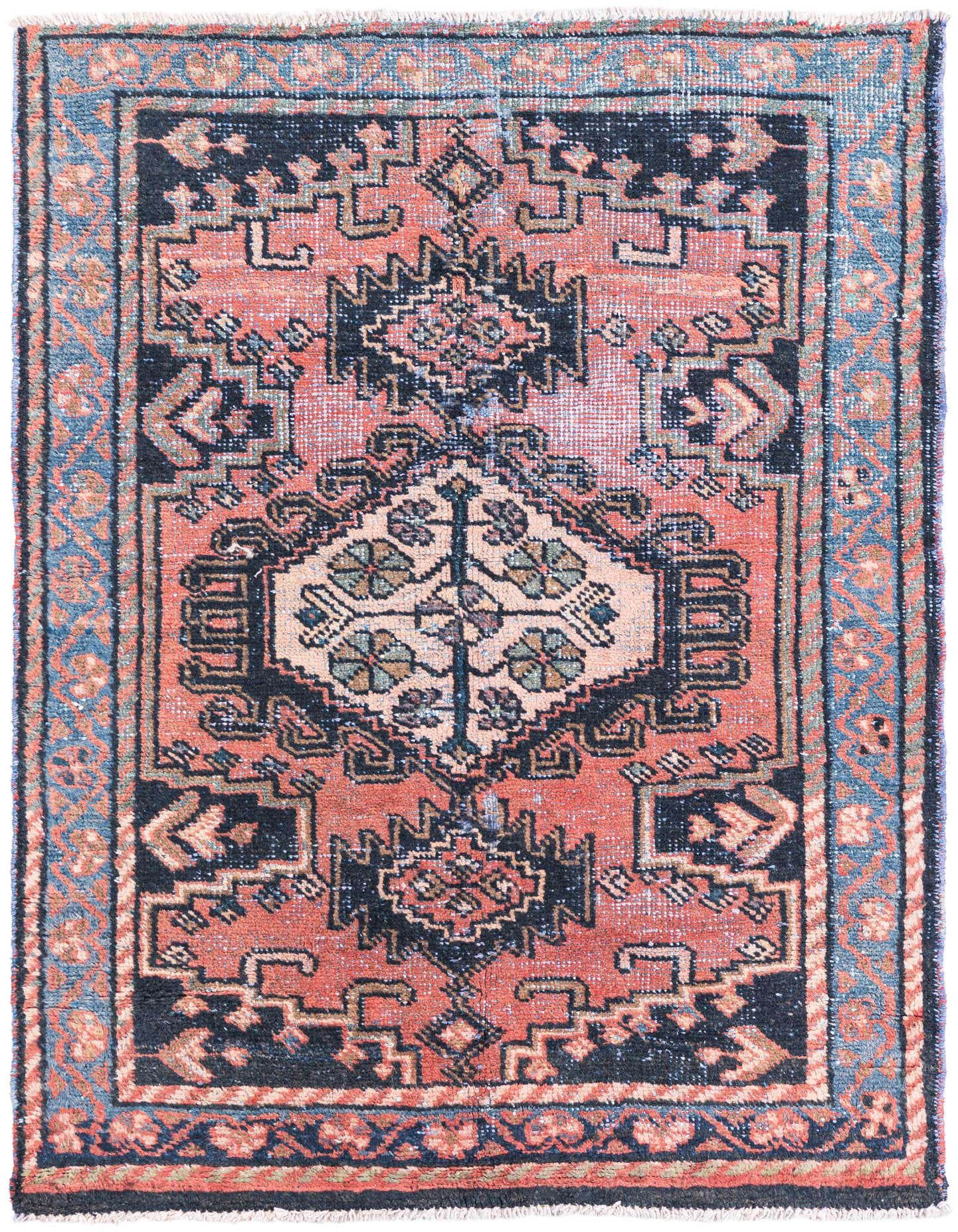 A 3x5 rectangular Ultra Vintage Persian rug in reds, blues, and black, featuring a central medallion and intricate border.