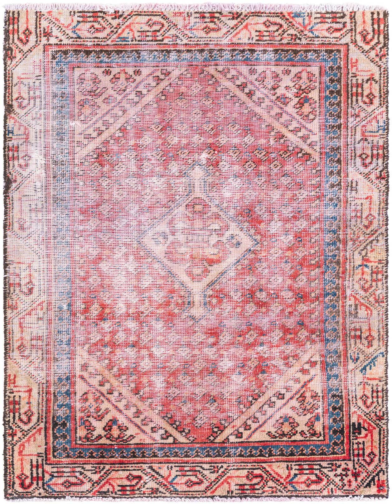 A 3x5 rectangular red Persian rug with a faded vintage medallion pattern and blue accents, ideal for an entryway.