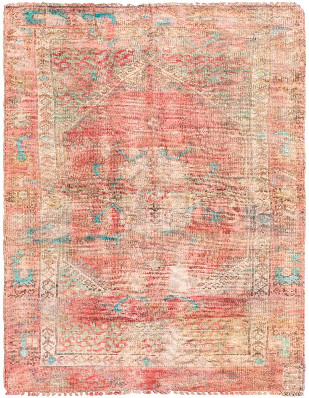 A 4x6 rectangular Ultra Vintage rug in faded reds with a central medallion and Persian-inspired patterns in teal and beige.