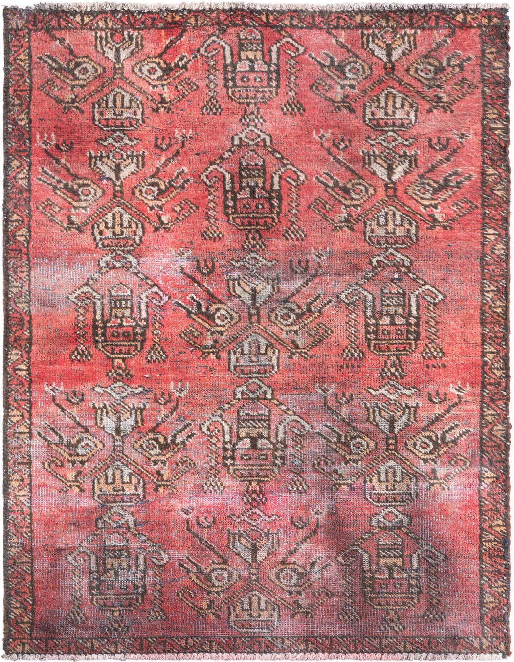 A 3x5 rectangular red Persian rug with faded black and beige traditional patterns, featuring a flat pile.