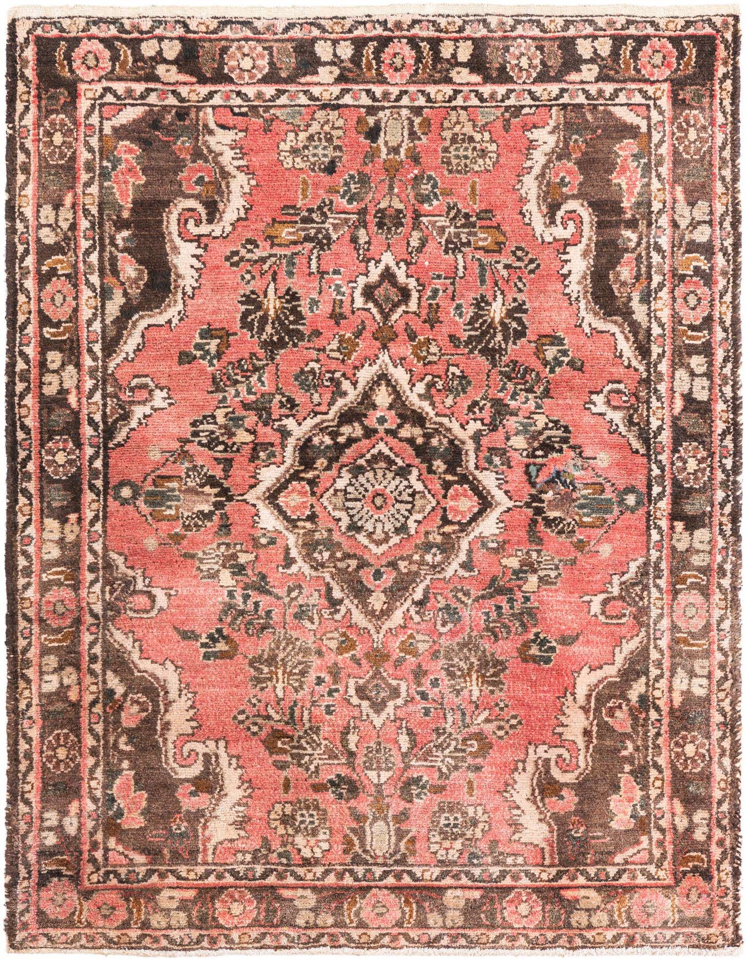 A 3x5 rectangular red Persian rug with a central medallion and intricate floral patterns in dark brown and cream.