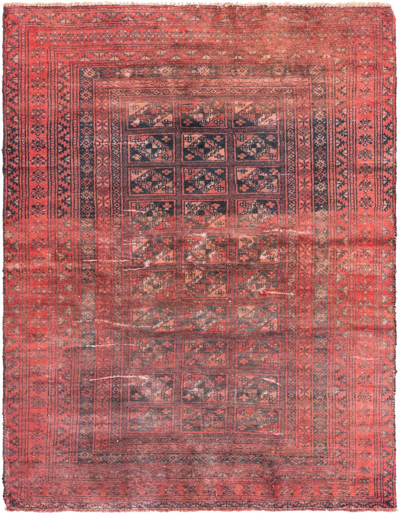 A rectangular 4x6 red Persian rug with a faded vintage look, featuring intricate geometric patterns in darker tones, ideal for a living room.