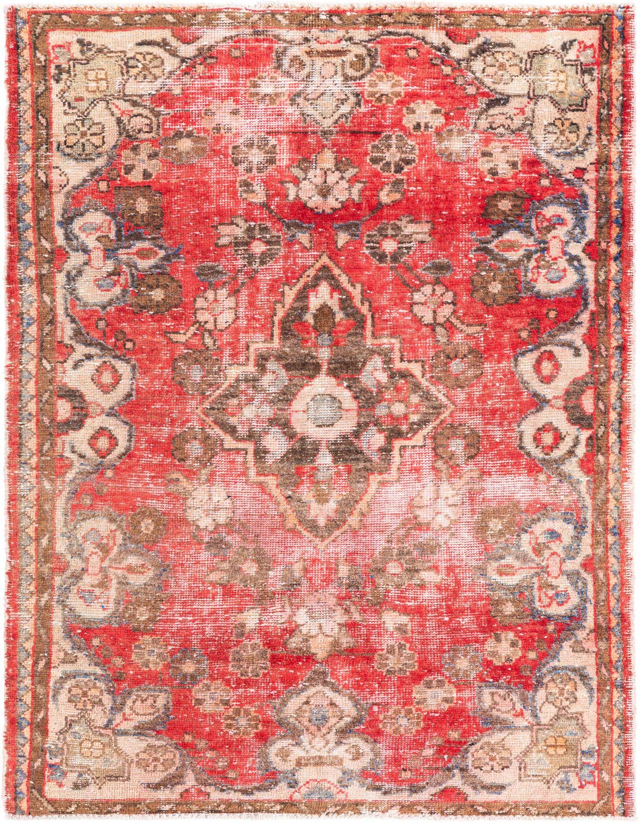 A 4x6 rectangular red Persian-style rug with a faded medallion pattern and ornate floral motifs, handmade from wool.