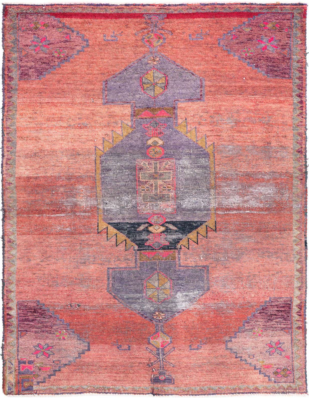A 4x6 rectangular Ultra Vintage rug featuring a faded red and purple Persian pattern with geometric motifs.