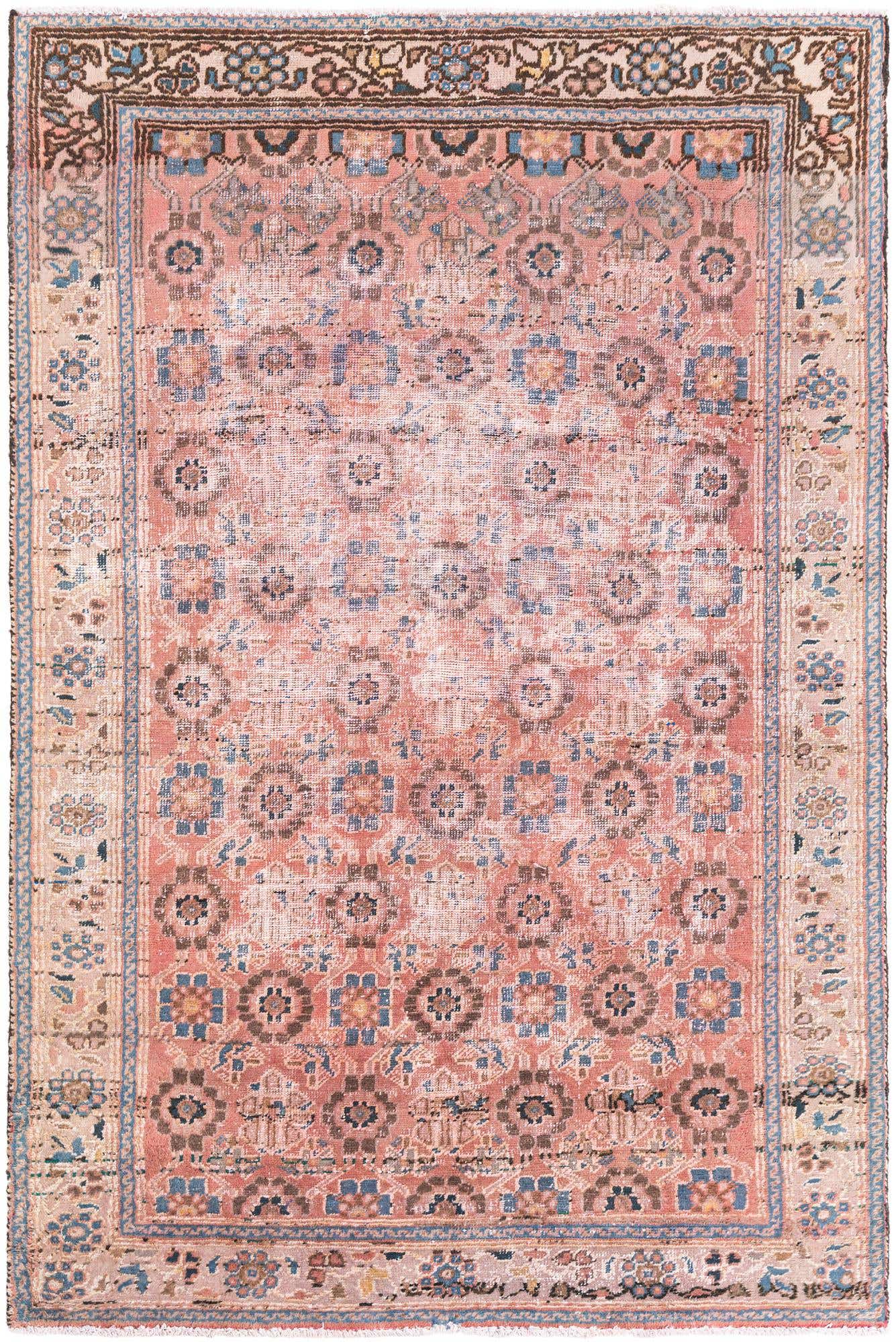 A 4x6 rectangular Ultra Vintage Persian rug in shades of red, blue, and brown, featuring a faded floral medallion pattern and intricate border.