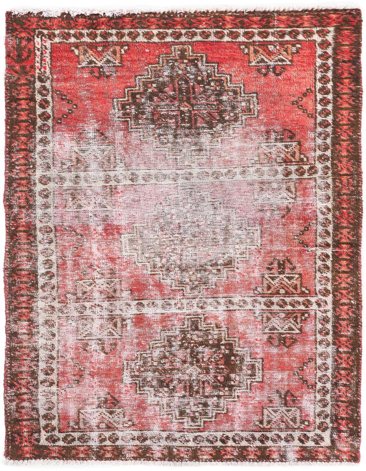 A 3x5 rectangular red and brown Persian-style rug with a faded, distressed medallion pattern, suitable for an entryway.