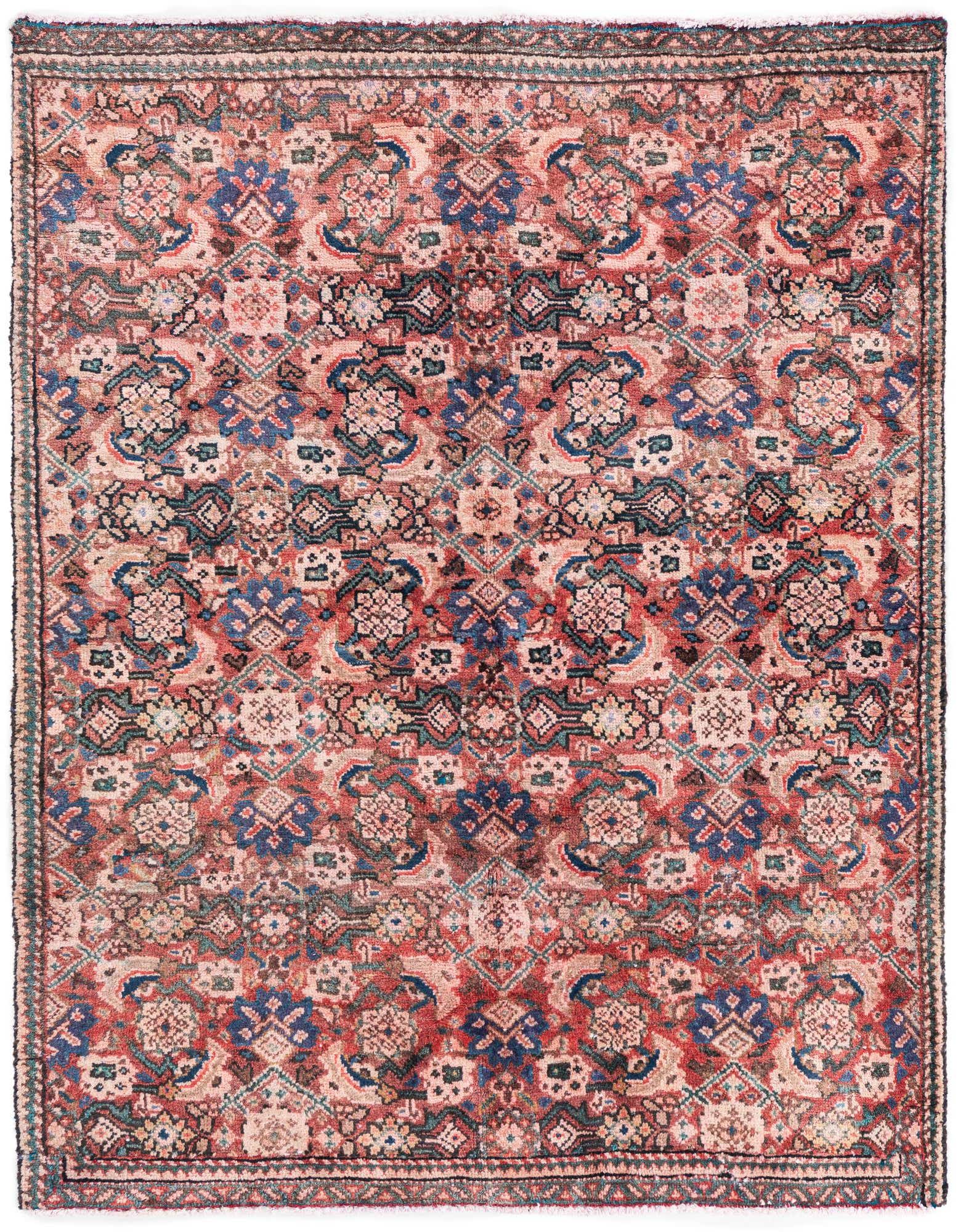 A 4x6 rectangular red Persian rug with intricate floral and geometric patterns in blue, cream, and green.