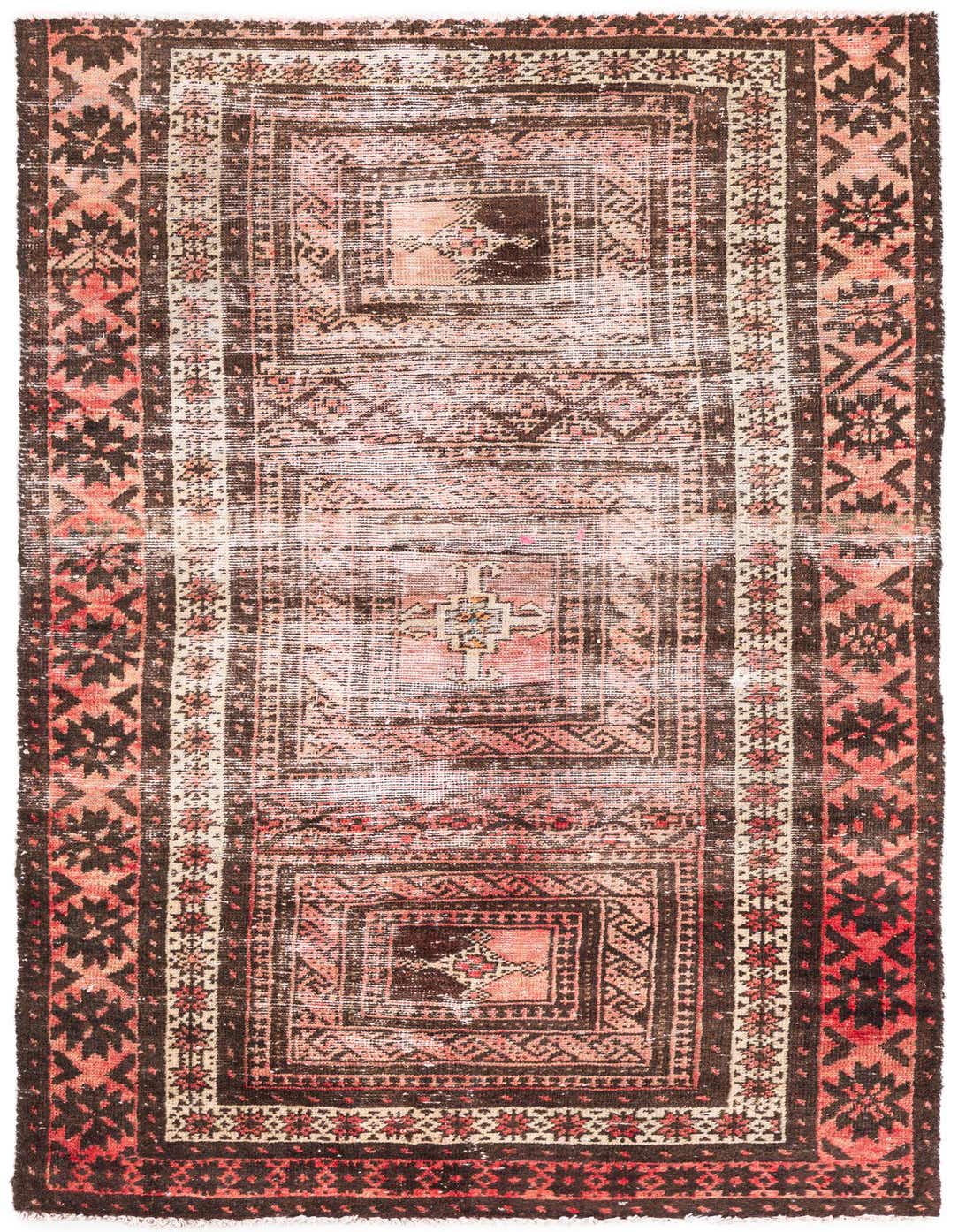 A 3x5 rectangular Ultra Vintage Persian rug with distressed red and brown tones, featuring intricate geometric patterns and a flat pile.