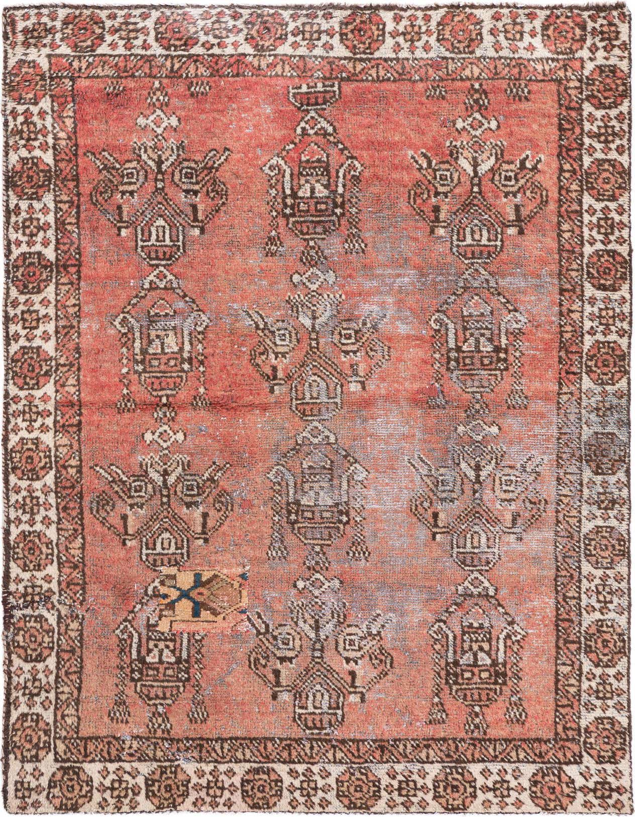 A 4x6 rectangular red Persian-style wool rug with faded traditional patterns and a distressed look.