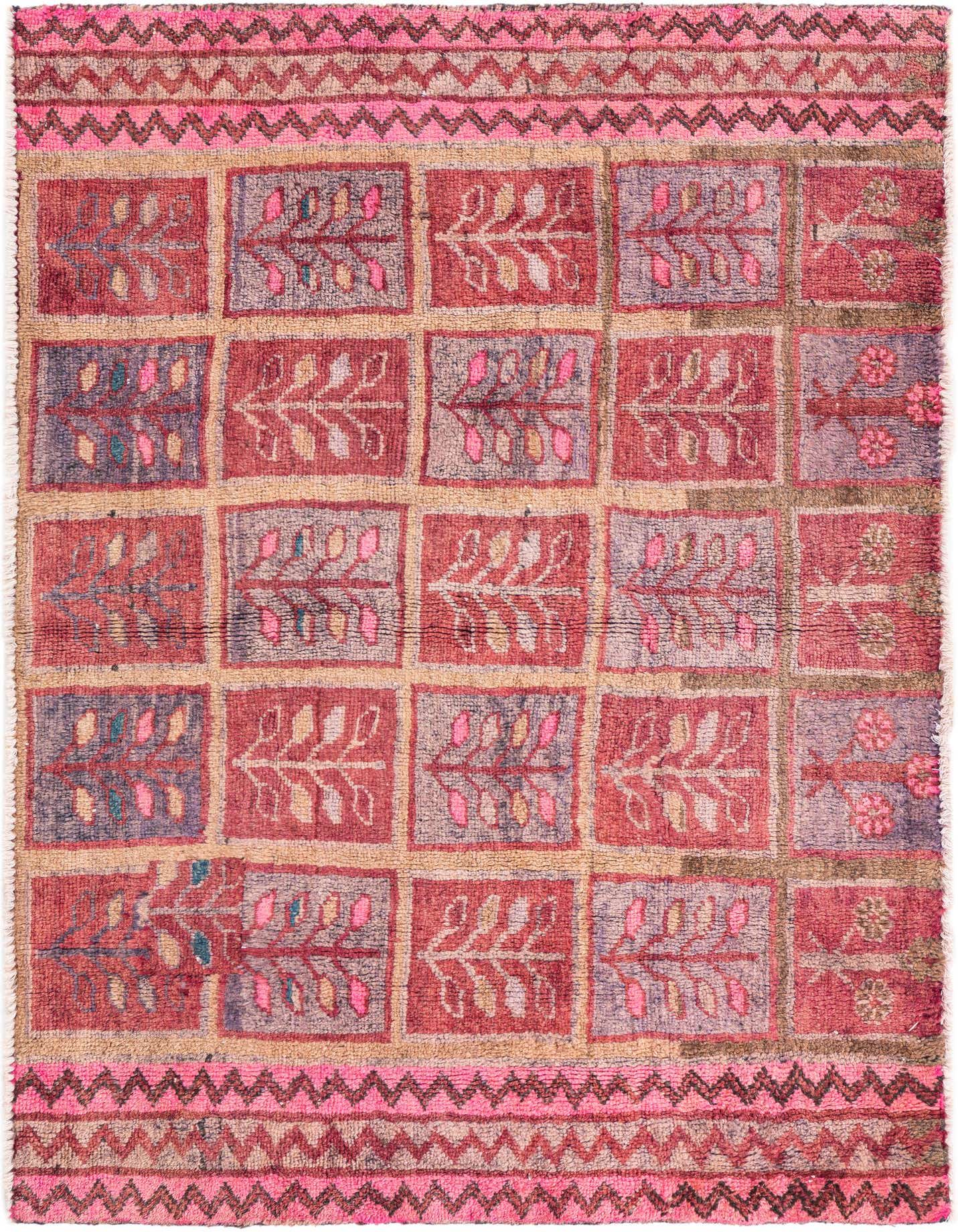 A 3x5 rectangular Ultra Vintage rug featuring a grid pattern with red and purple squares, each containing a stylized leaf or floral motif, bordered by a vibrant pink and red zigzag design.