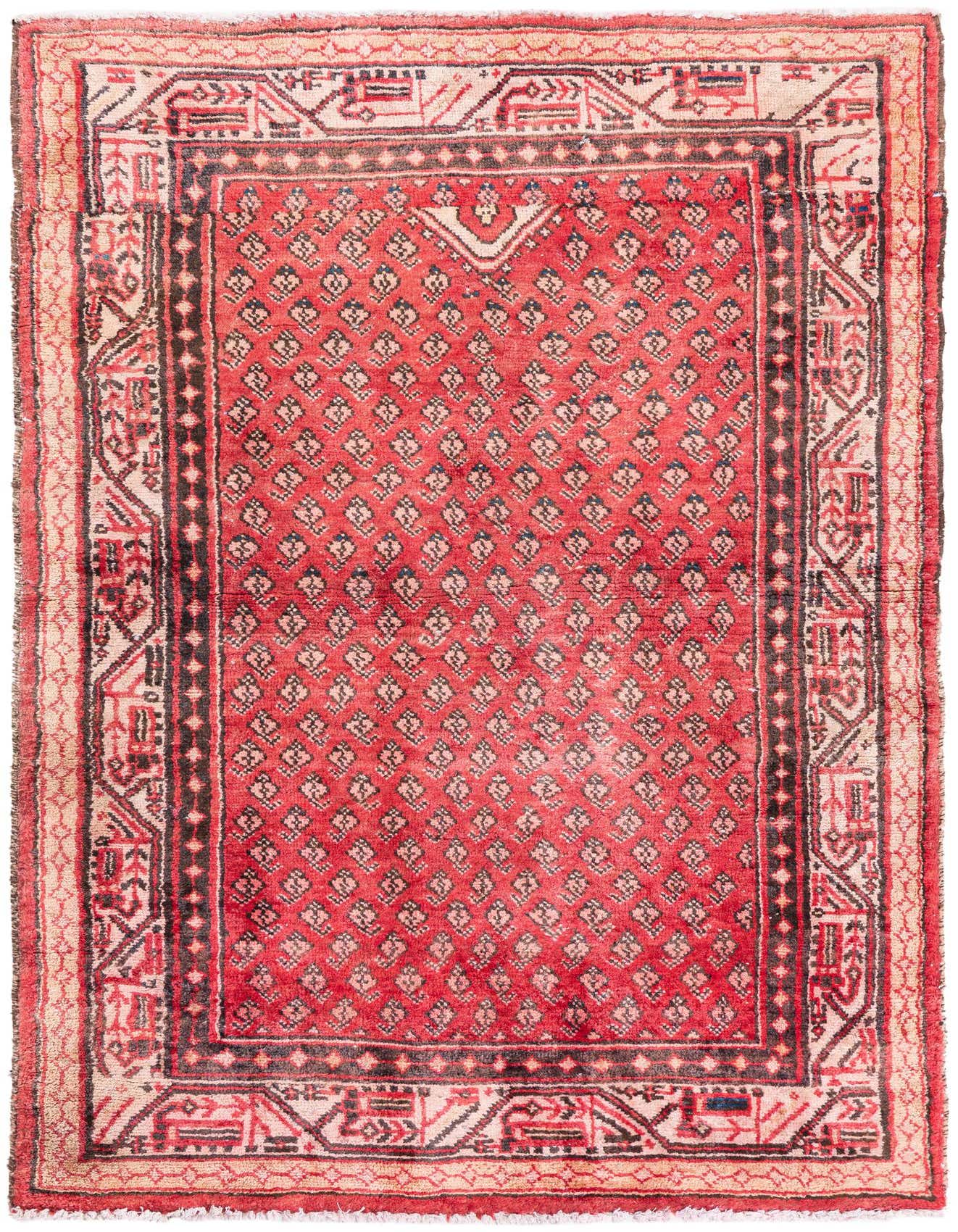 A 3x5 rectangular red Persian rug with a repeating diamond pattern and intricate borders, suitable for an entryway.