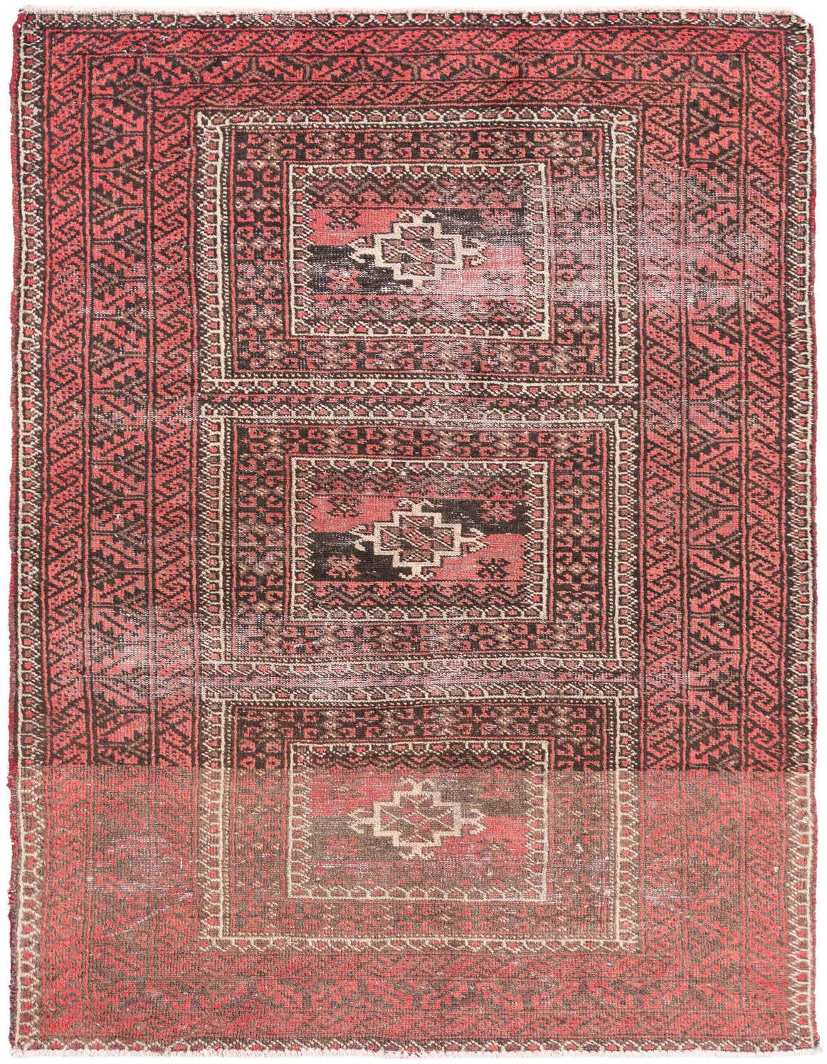 A 4x6 rectangular Ultra Vintage rug in shades of red and black with a distressed Persian pattern.