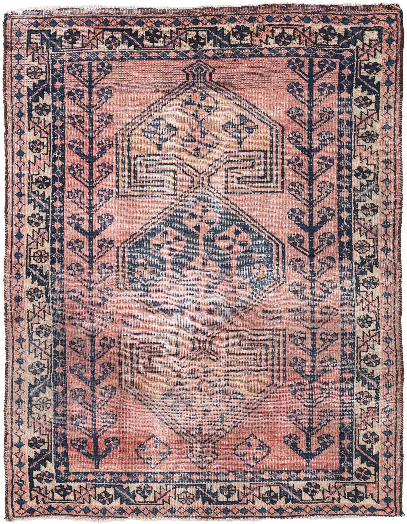 A 5x8 rectangular Ultra Vintage wool rug in faded red with a dark blue Persian medallion pattern and border.