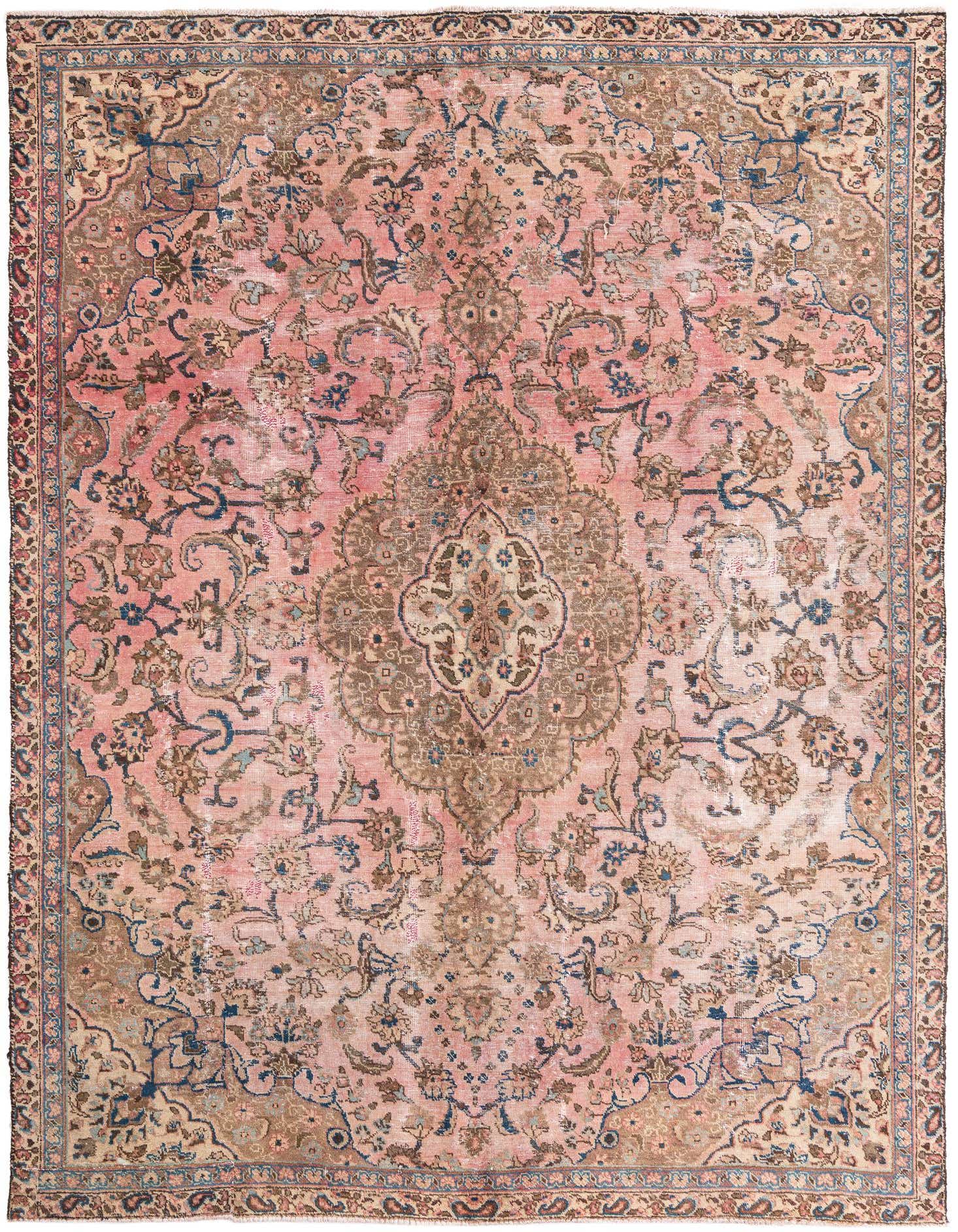 A 7x10 rectangular Ultra Vintage Persian rug in faded red with a central medallion and intricate floral patterns.