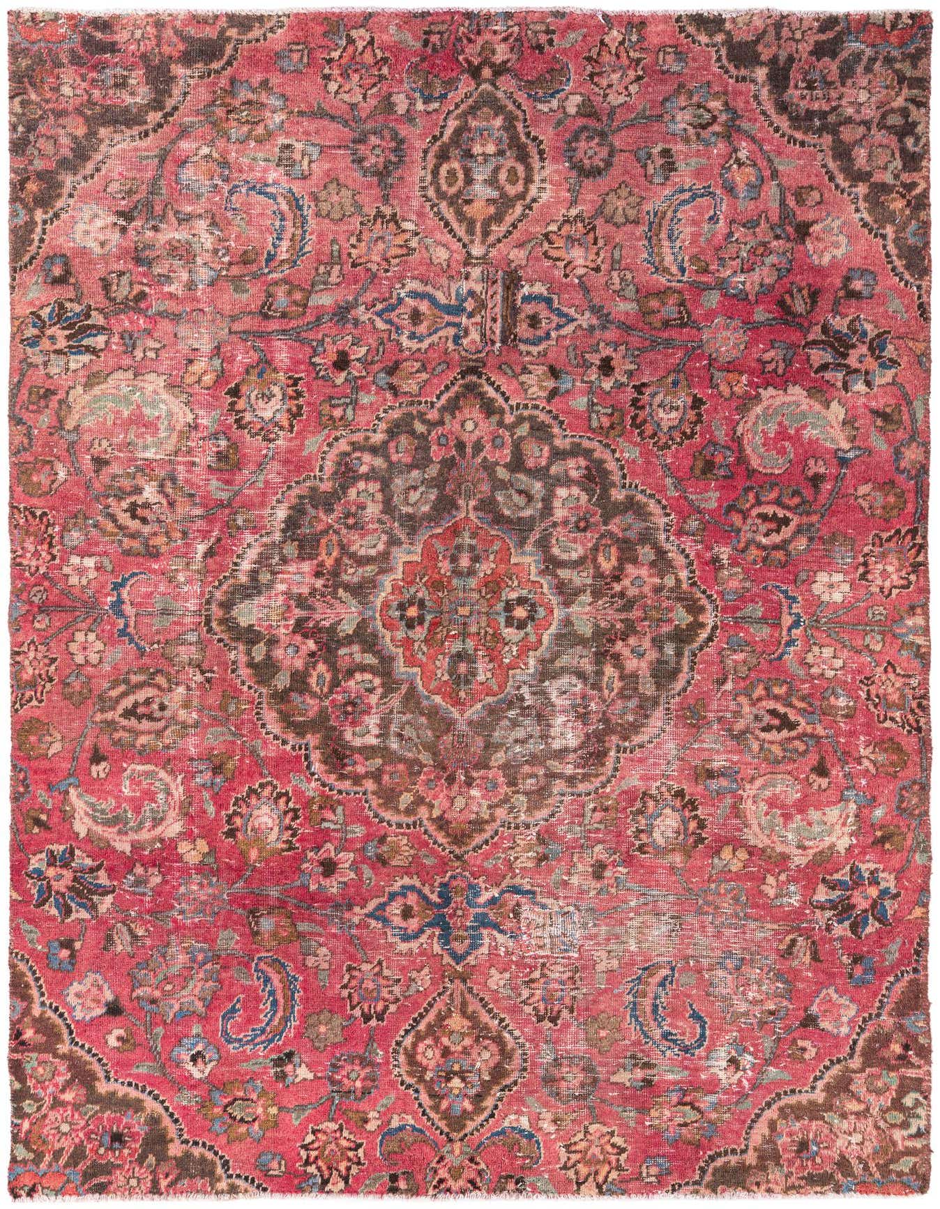 A 5x8 rectangular Ultra Vintage Persian rug in faded reds, browns, and blues, featuring an ornate medallion pattern.