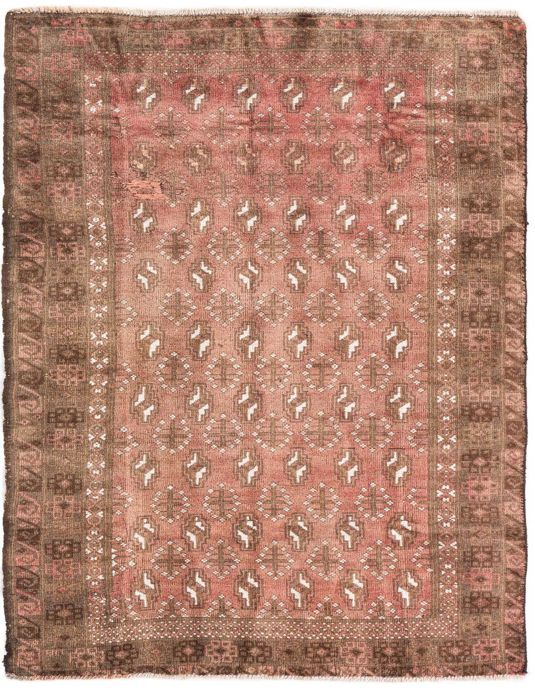 A 4x6 rectangular Ultra Vintage wool rug with a faded red field and intricate brown and white Persian patterns, framed by a dark brown border.