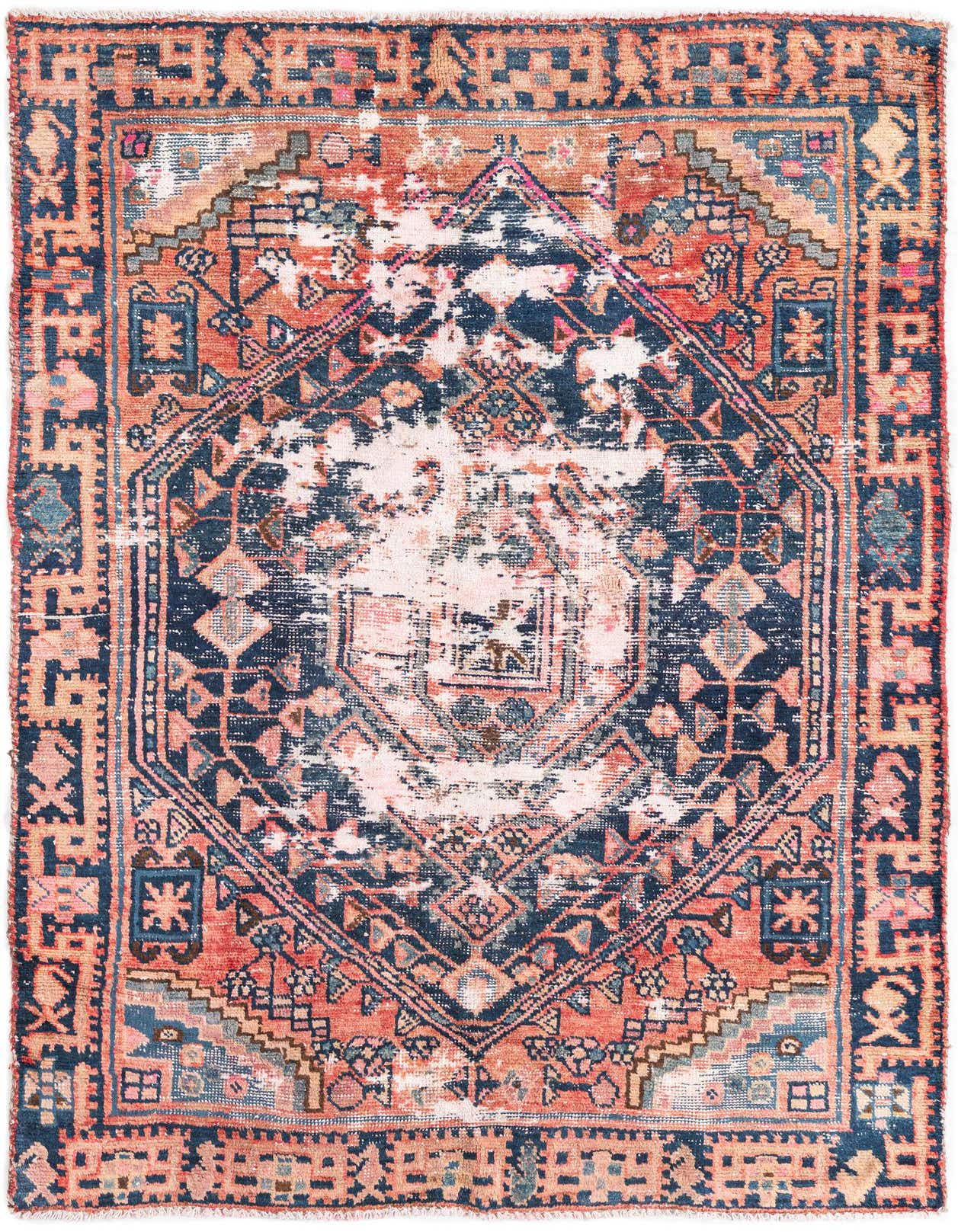 A distressed 4x6 rectangular Ultra Vintage rug with a central medallion in faded navy, red, and hints of peach.