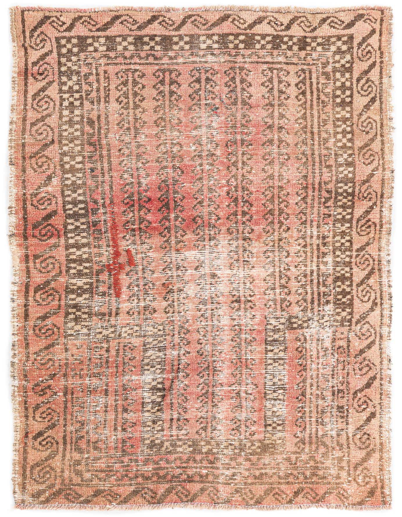 A 3x5 rectangular red and brown Persian-style wool rug with distressed vintage patterns and a decorative border.