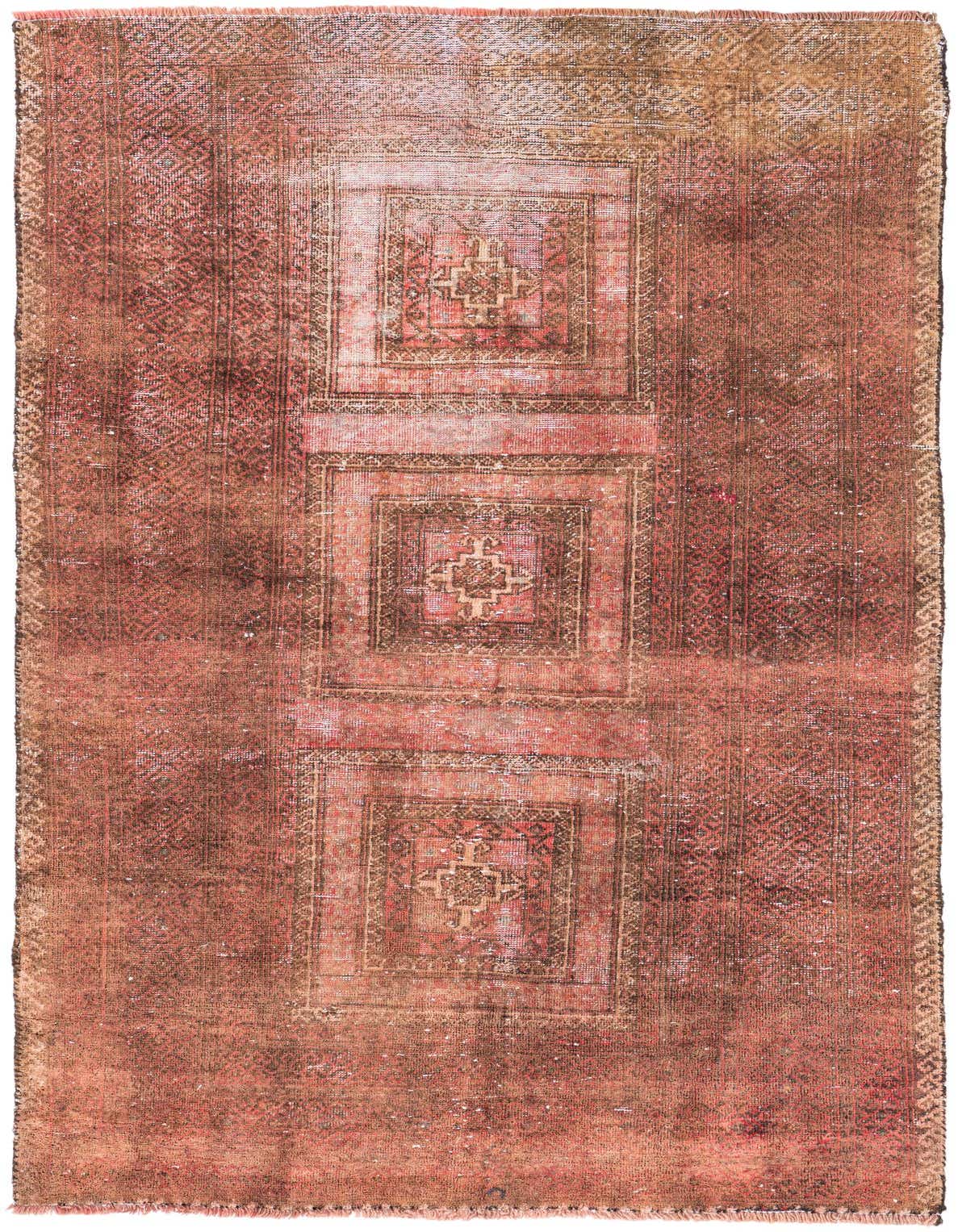 A 4x6 rectangular Ultra Vintage rug in faded reds and browns, featuring three central square medallions with intricate Persian patterns, ideal for a living room or entryway.