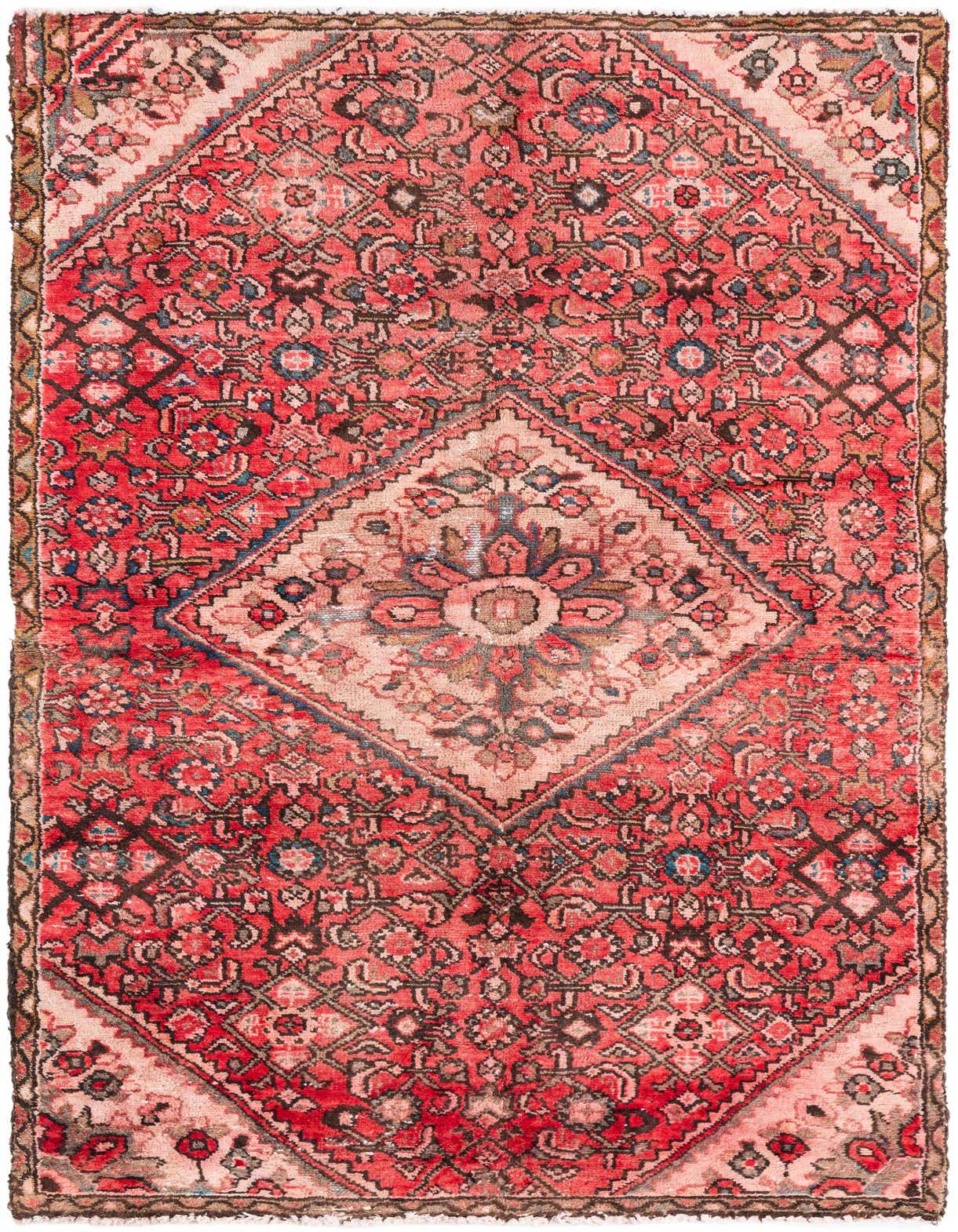 A 4x6 rectangular red Persian rug with a central medallion and intricate floral patterns in a vintage style.