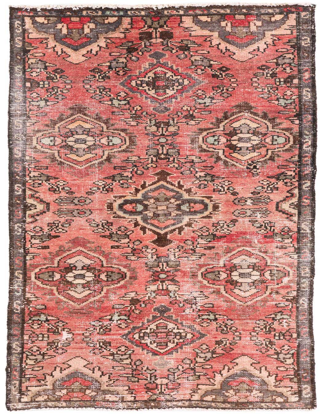 A 3x5 rectangular red Persian rug with a faded vintage medallion pattern and intricate floral details, perfect for an entryway.