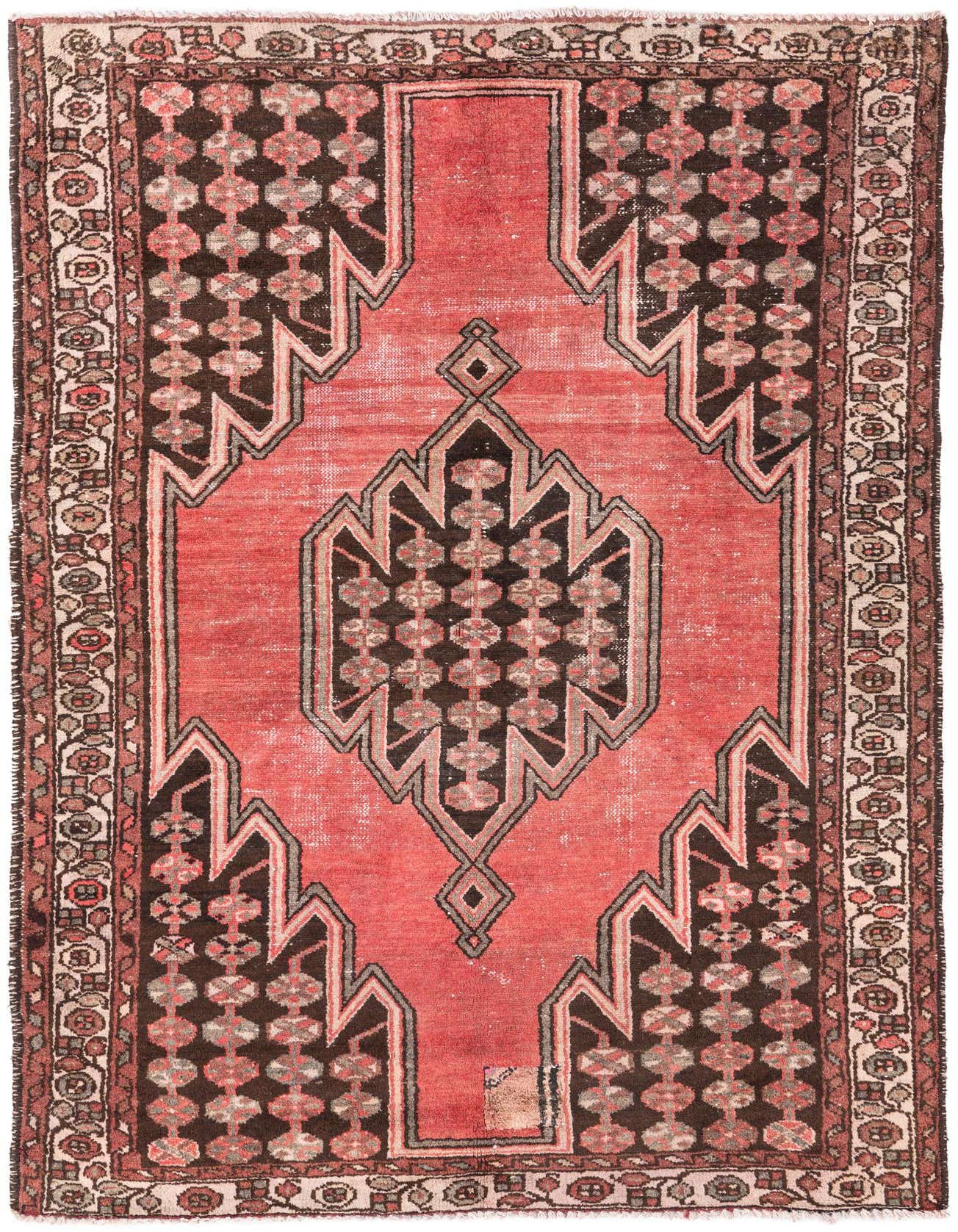 A 4x6 rectangular red Persian-style wool rug with a central medallion and intricate geometric patterns in black and beige.