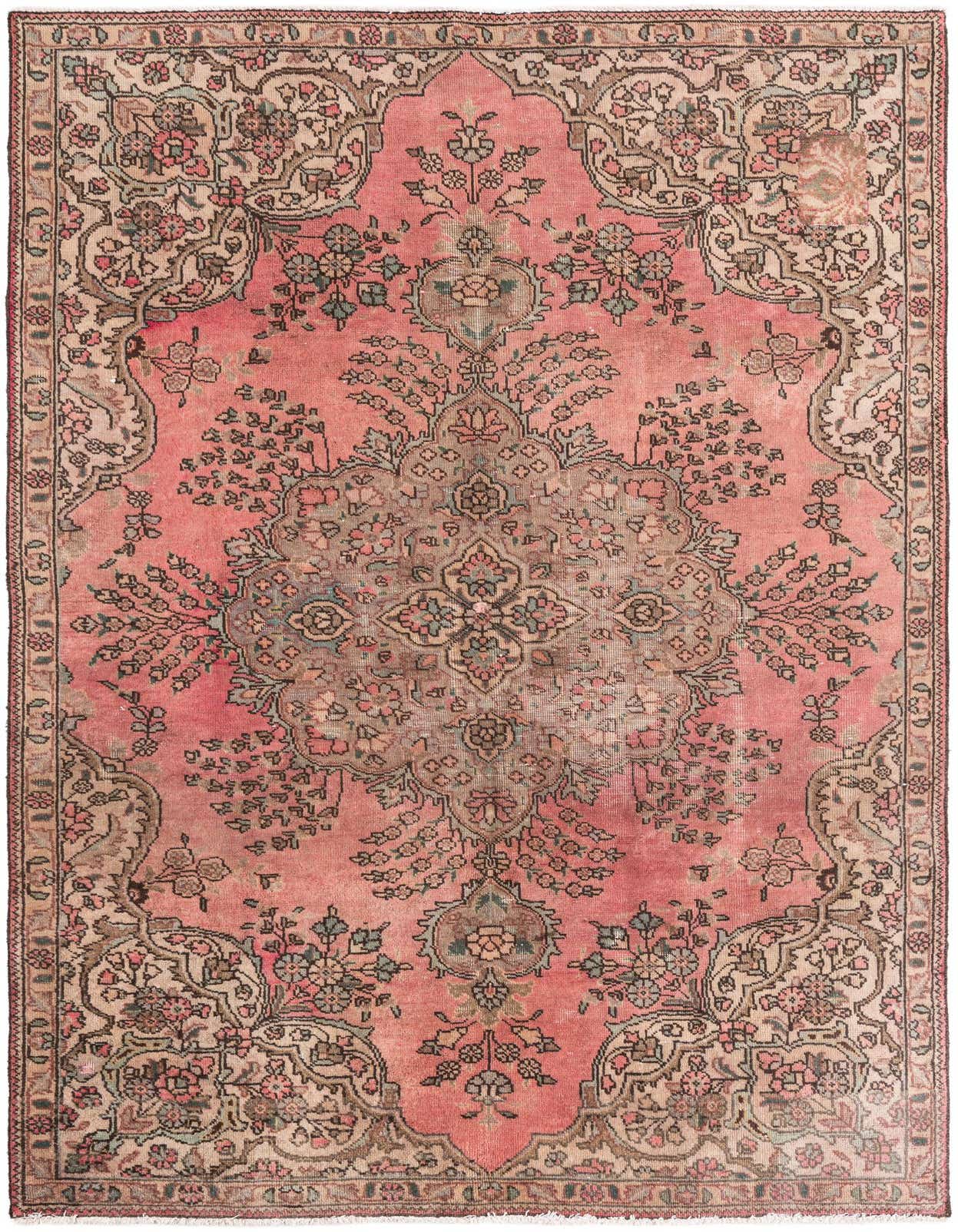 A 5x8 rectangular red Persian rug with a faded medallion and intricate floral patterns in beige and muted tones.