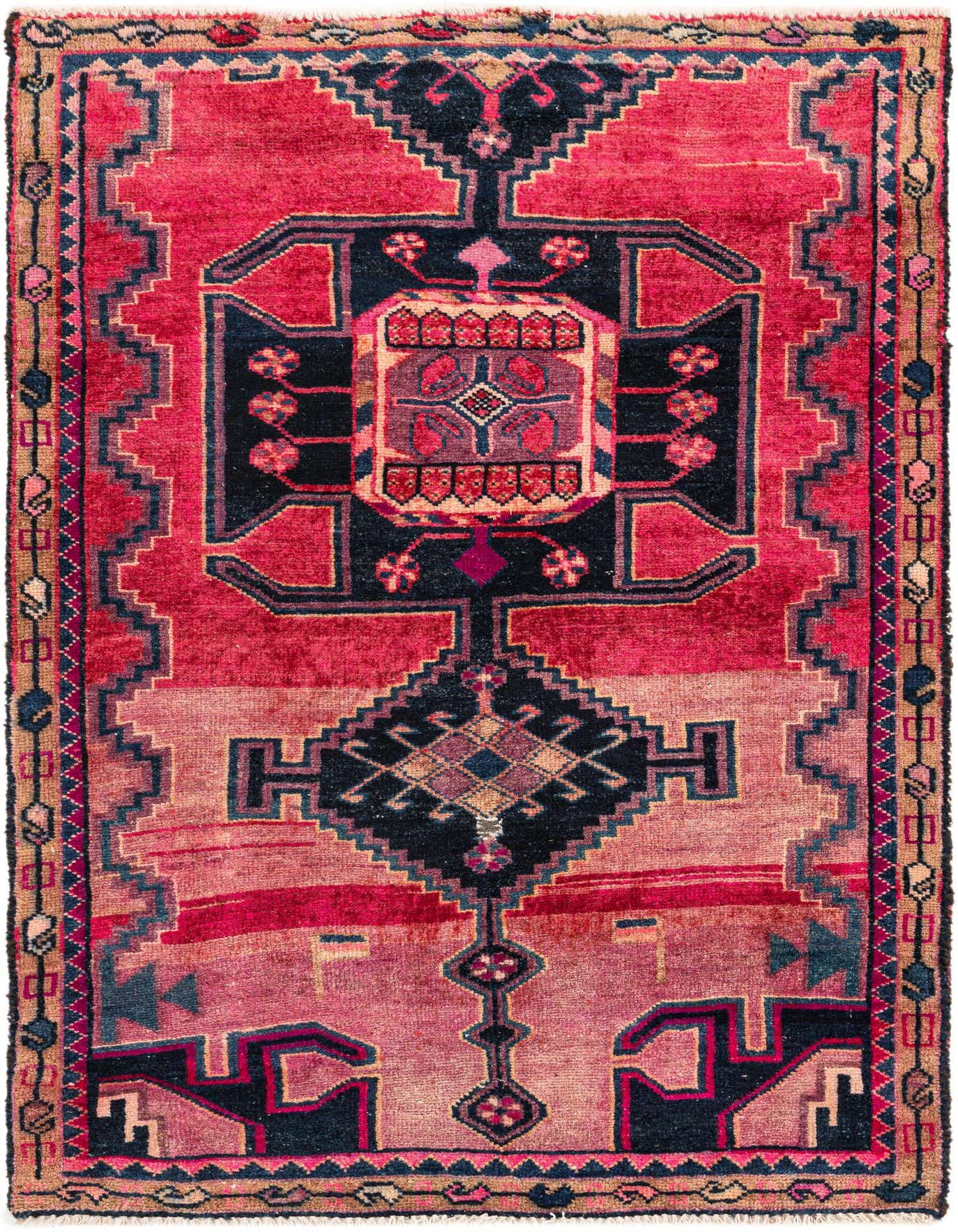 A 3x5 rectangular red Persian rug with a dark navy medallion and geometric patterns, ideal for an entryway.