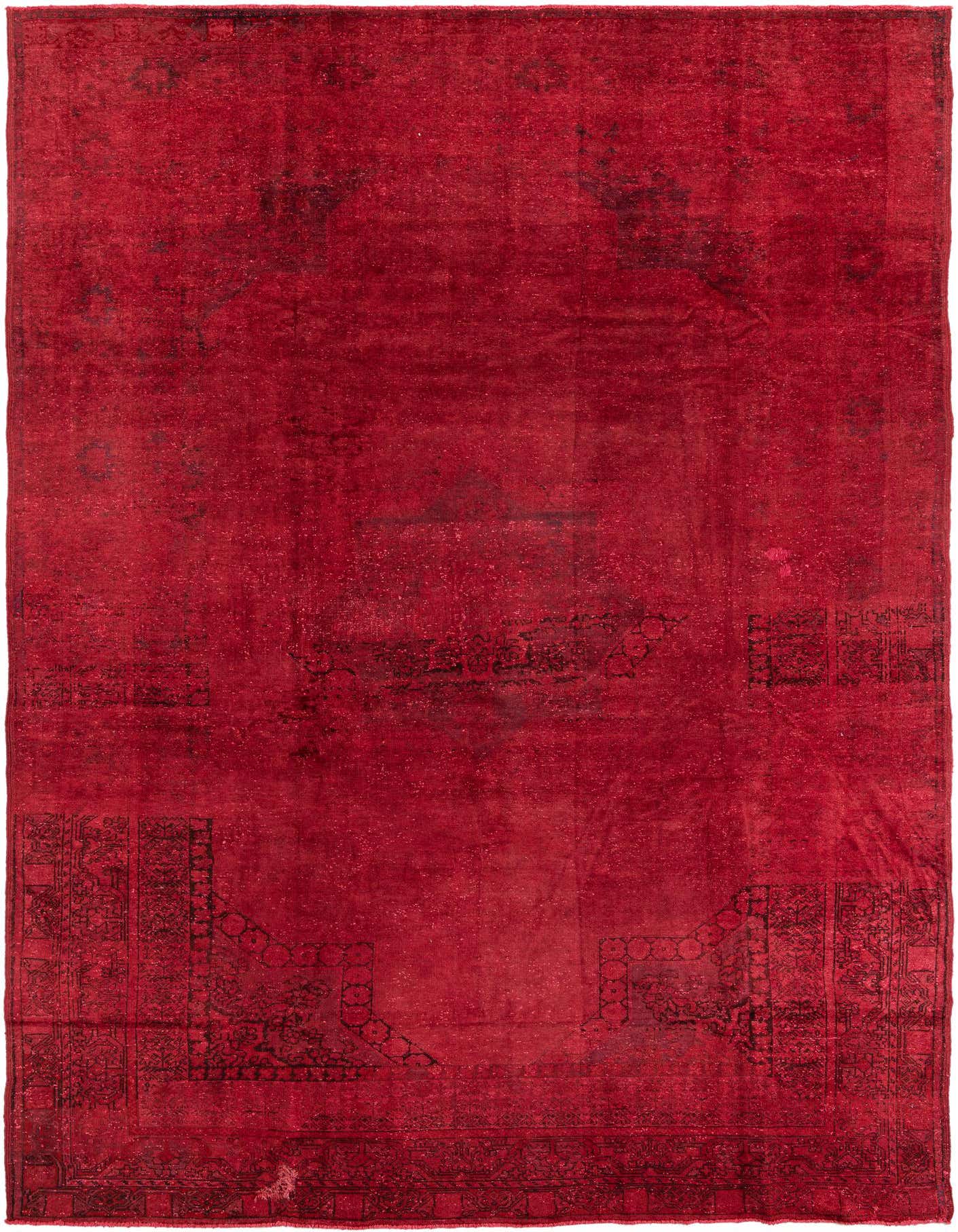 A large 8x12 rectangular red Persian rug with a faded black medallion and border pattern, suitable for indoor spaces.