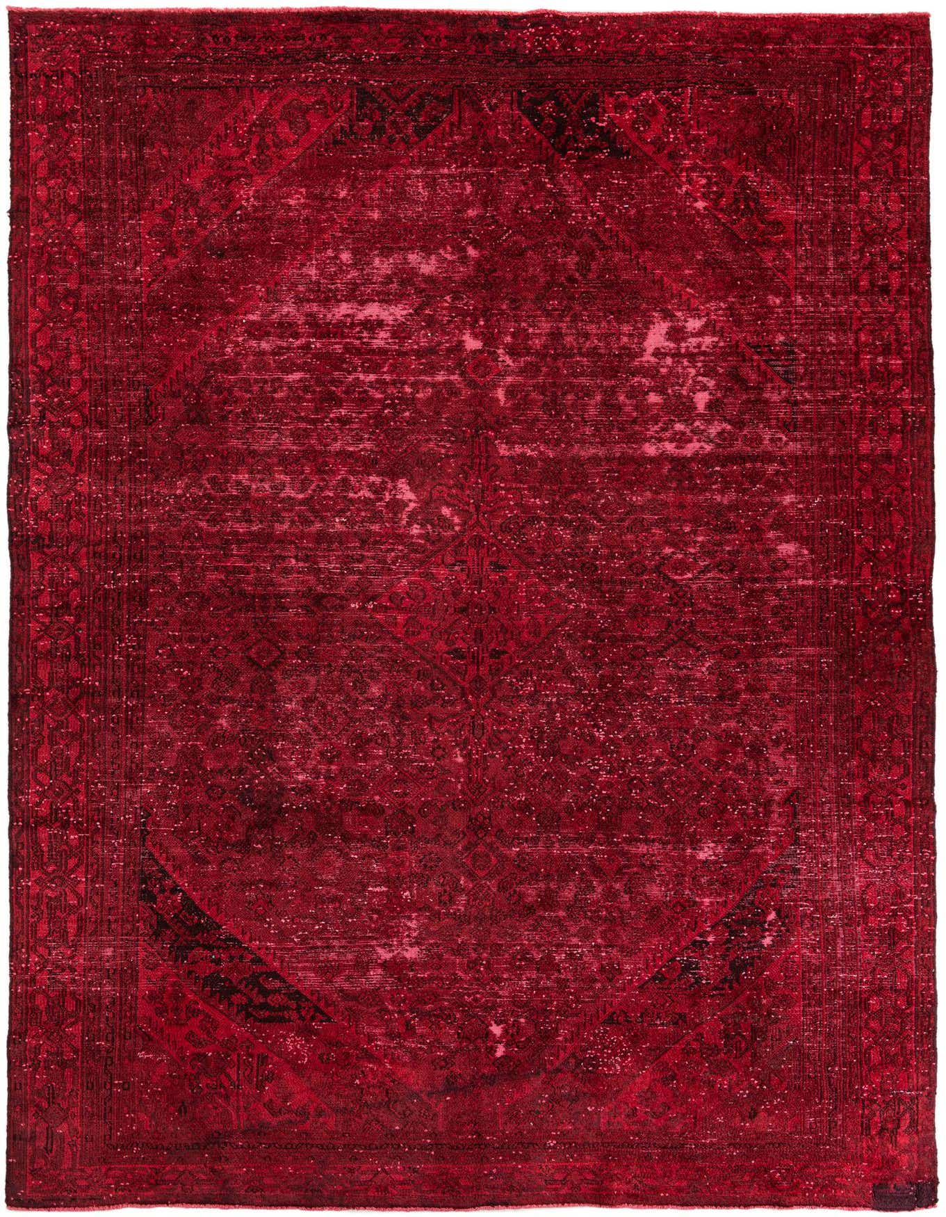 A rectangular 8x12 red Persian-style area rug with a faded vintage medallion pattern and border.