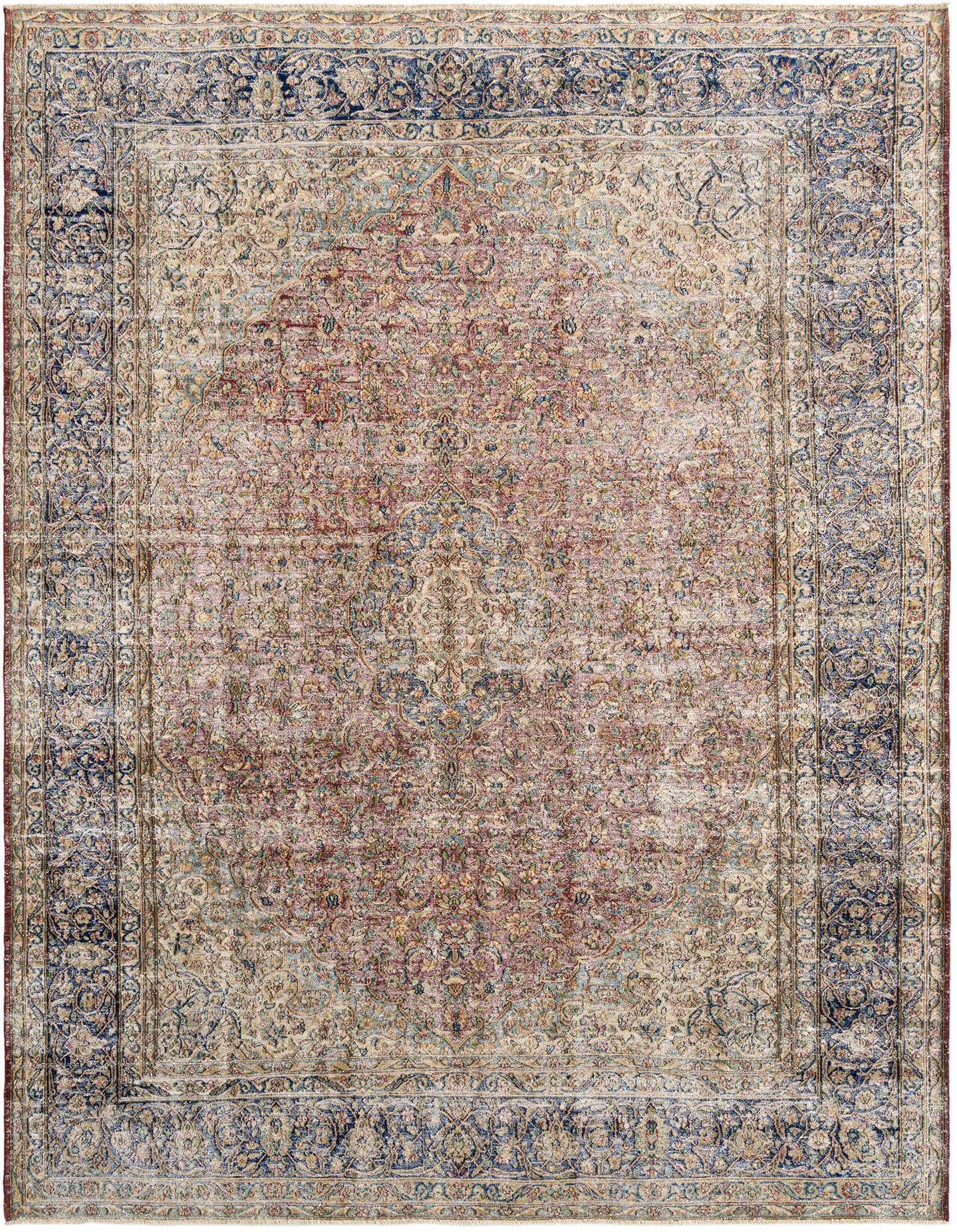 An 8x11 rectangular Persian rug with a faded red and beige field and a detailed navy blue border, featuring intricate floral motifs.
