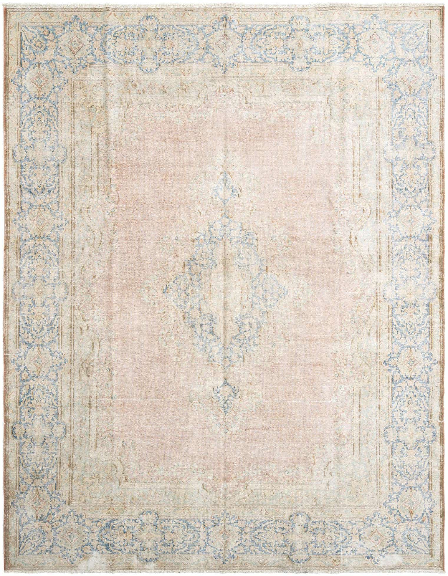 A large 10x13 rectangular Persian rug featuring a faded red field with an intricate light blue and cream traditional border and central medallion.