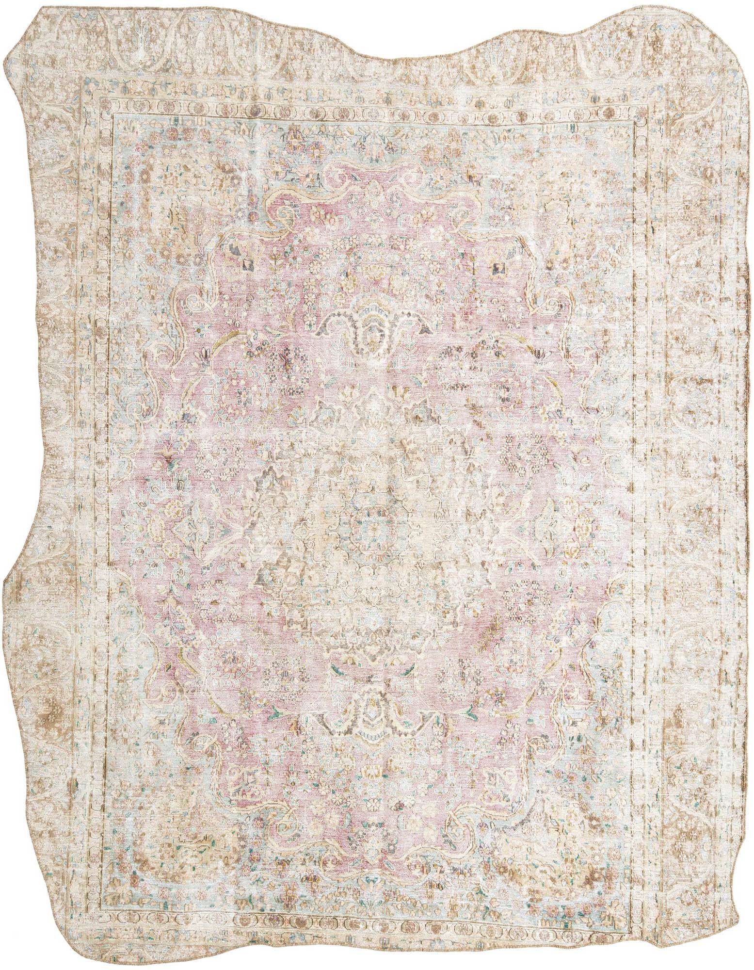 An 8x10 rectangular Persian rug in faded reds, creams, and light blues, featuring an ornate floral medallion and border design.